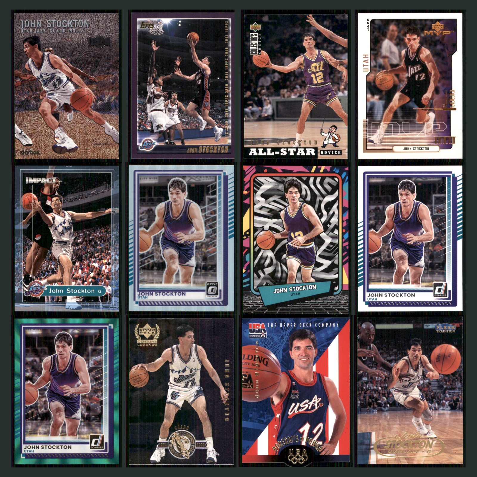 John Stockton Lot 12 Basketball Cards 2000 Fleer Metal Utah Jazz Set Collection card scans. Overall card condition is Near Mint.