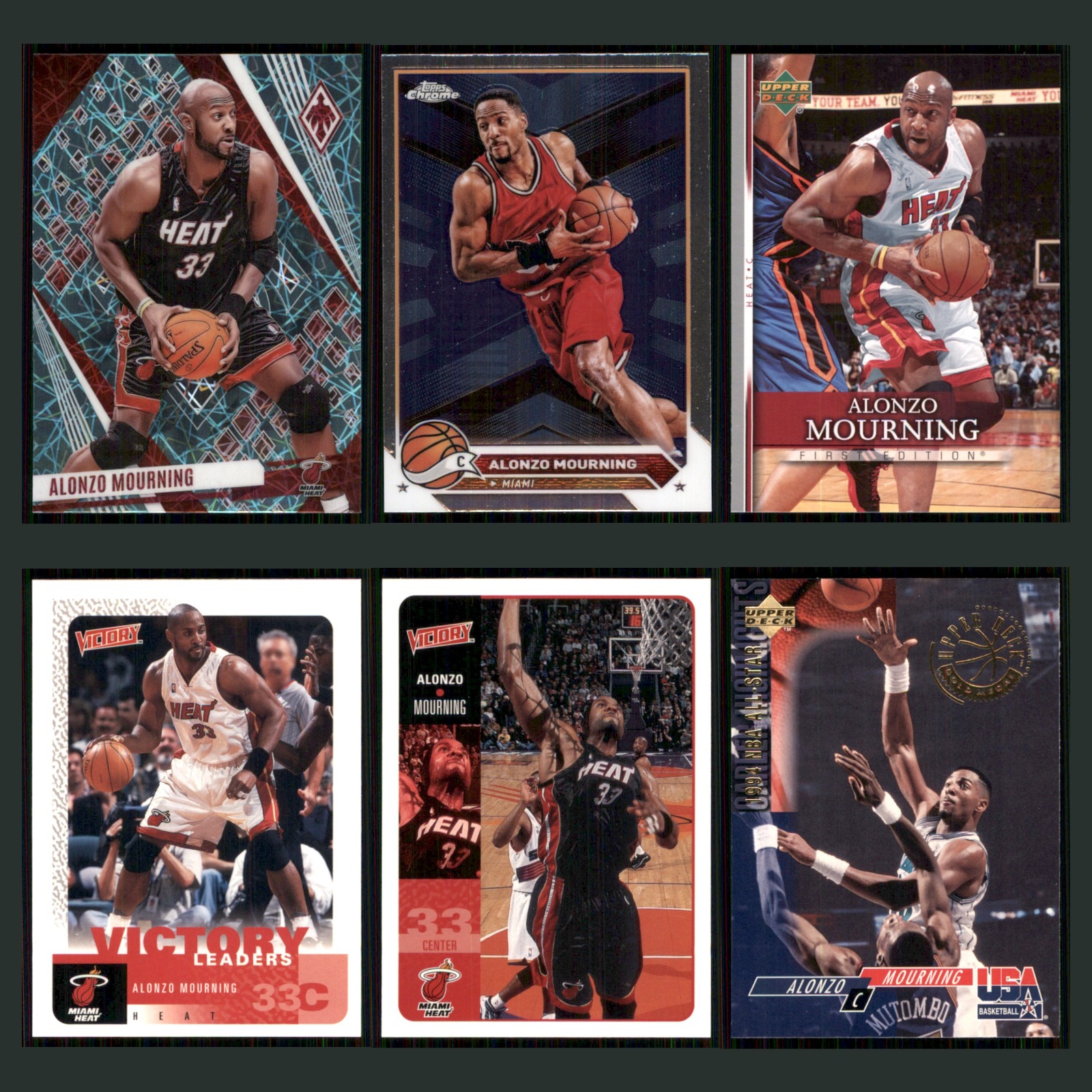 Alonzo Mourning Lot 6 Basketball Cards 2024 Panini Phoenix Teal Lazer Prizm Heat card scans. Overall card condition is Near Mint.