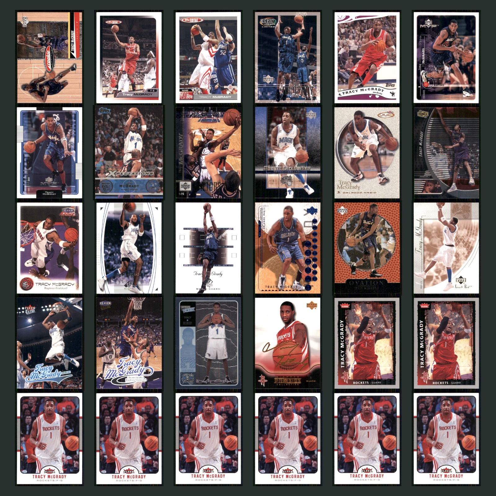 Tracy McGrady Lot 30 Basketball Cards 1998 Upper Deck Rookie Experience Raptors card scans. Overall card condition is Near Mint.