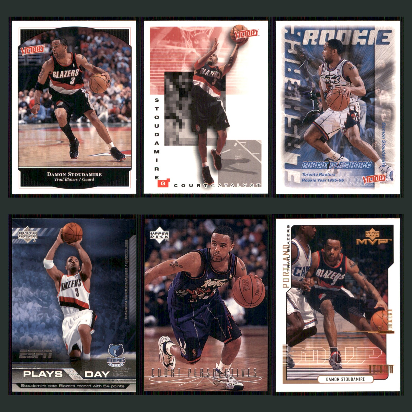 Damon Stoudamire Rookie Lot 6 Basketball Cards 1997 Topps Victory Blazers Set NM card scans. Overall card condition is Near Mint.