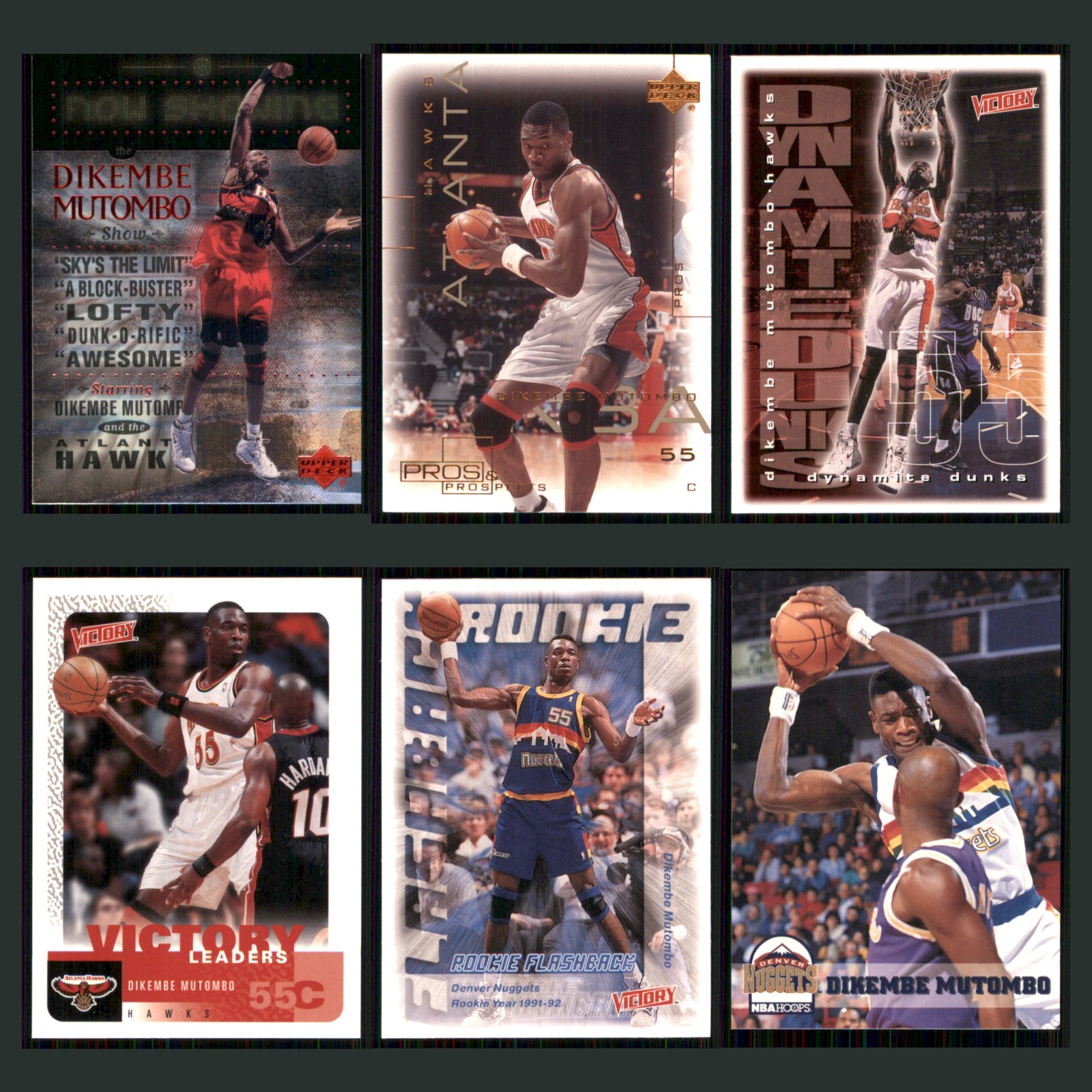 Dikembe Mutombo Lot 6 Basketball Cards 1999 Atlanta Hawks Set Collection NBA NM card scans. Overall card condition is Near Mint.