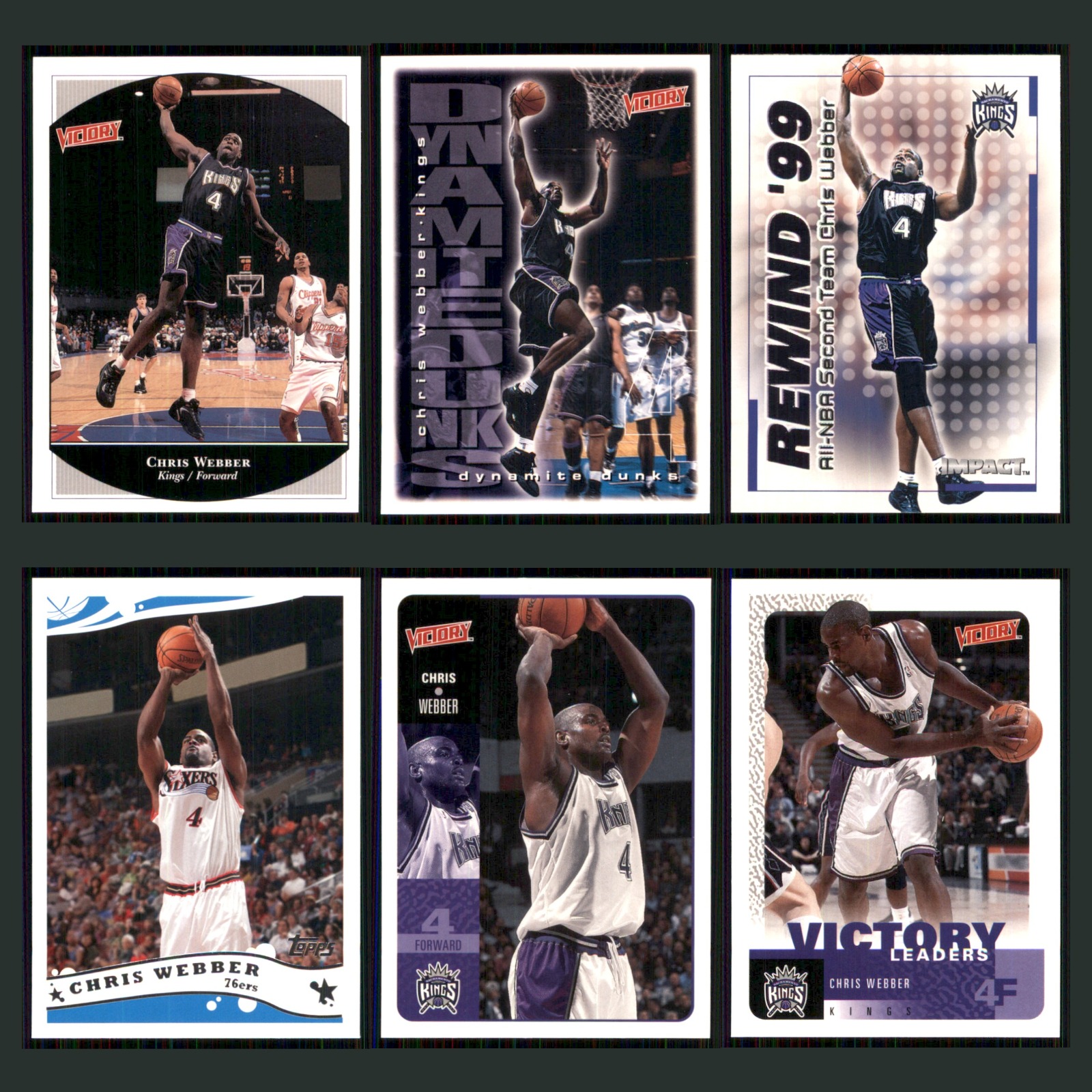 Chris Webber Lot 6 Basketball Cards 1998 Victory Sacramento Kings Set Collection card scans. Overall card condition is Near Mint.