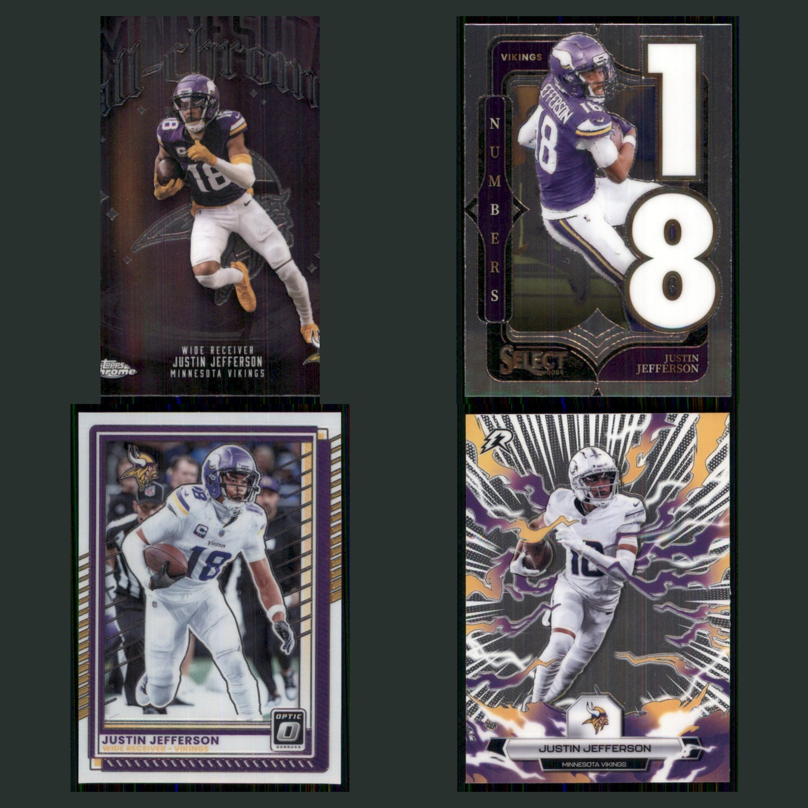 Justin Jefferson Lot 4 Football Cards 2025 Topps Chrome All-Chrome Vikings Set card scans. Overall card condition is Near Mint.