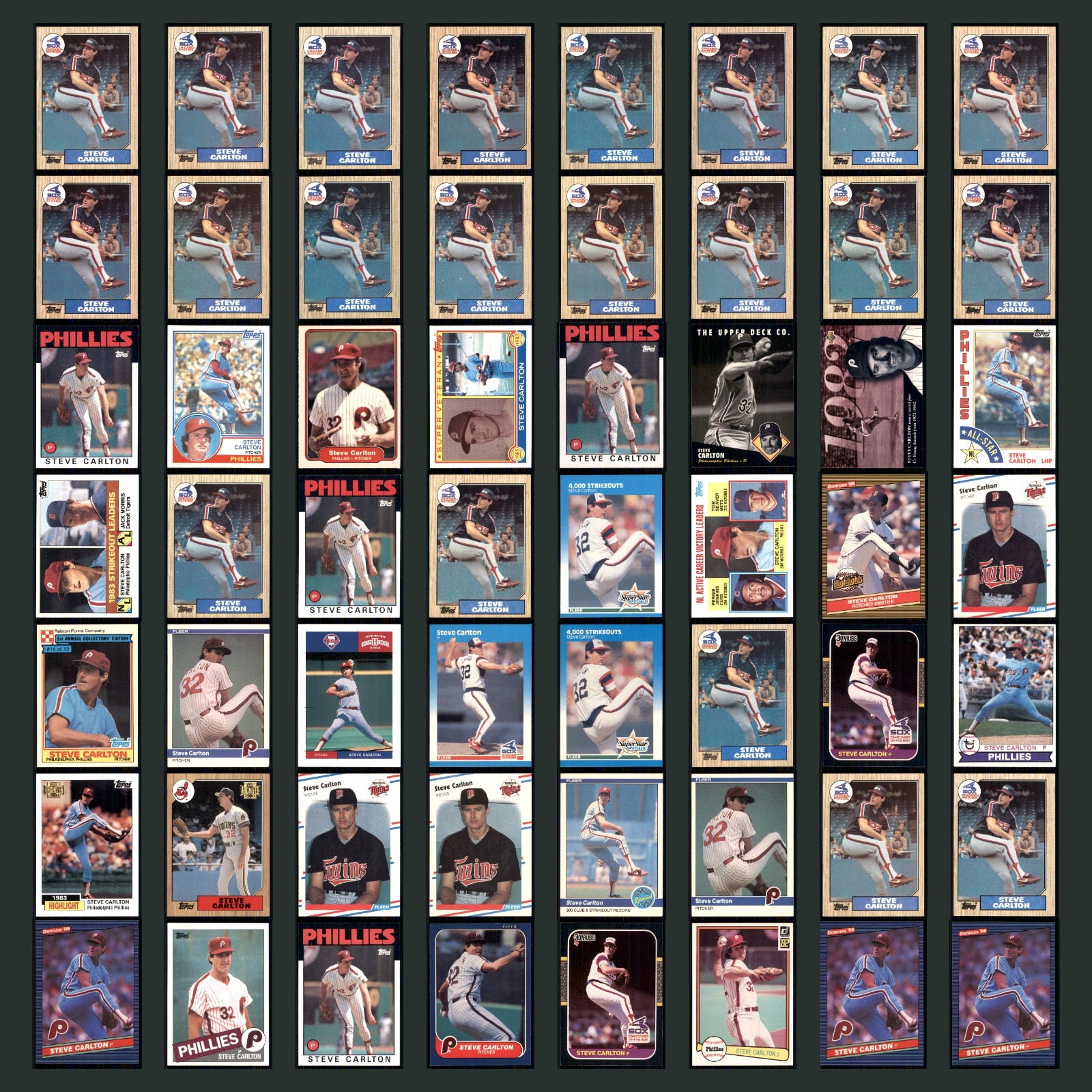 Steve Carlton Lot 56 Baseball Cards 1987 Topps Chicago White Sox Set Collection card scans. Overall card condition is Near Mint.