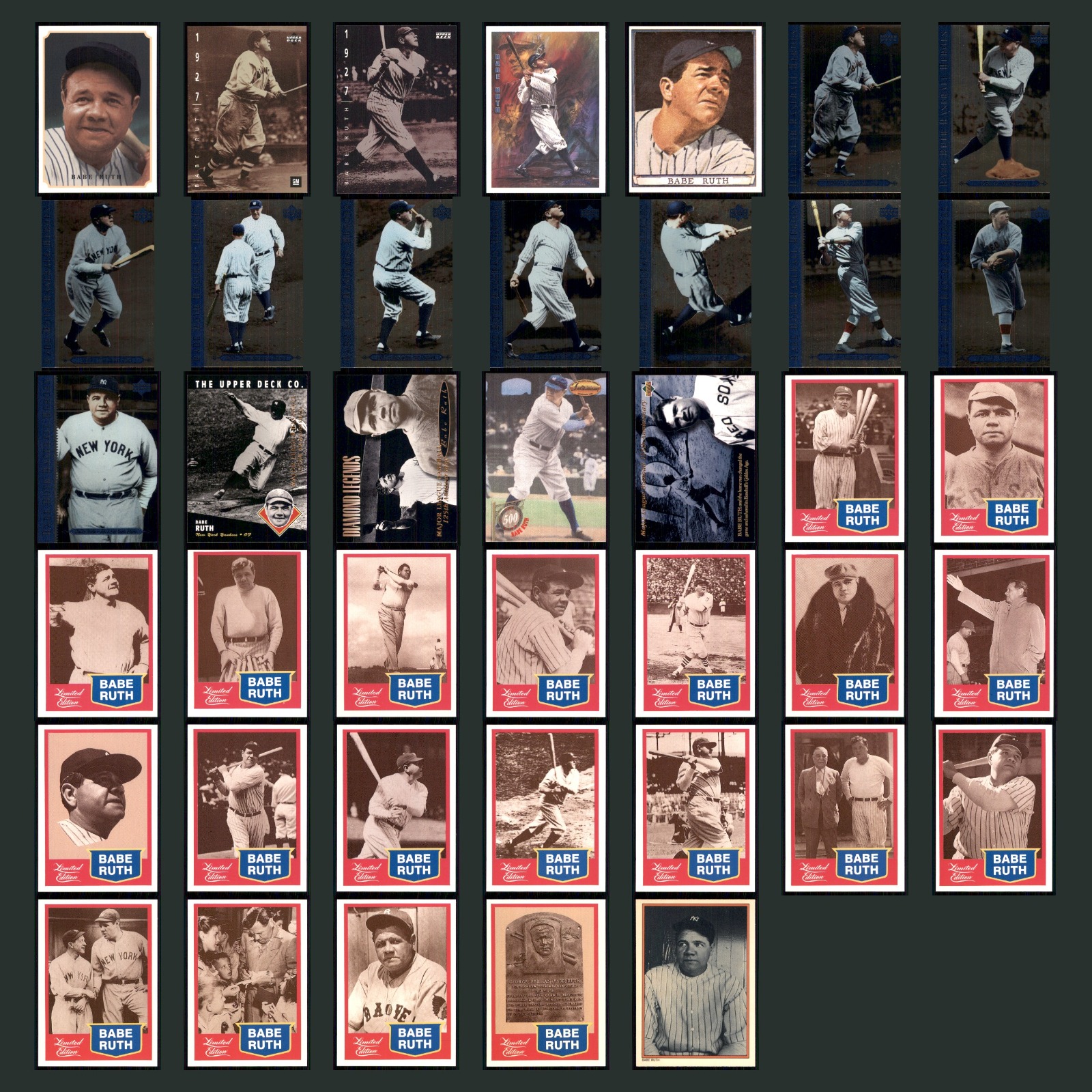 Babe Ruth Lot 40 Baseball Cards 1992 Whitehall Legends Collection Prototype Set card scans. Overall card condition is Near Mint.