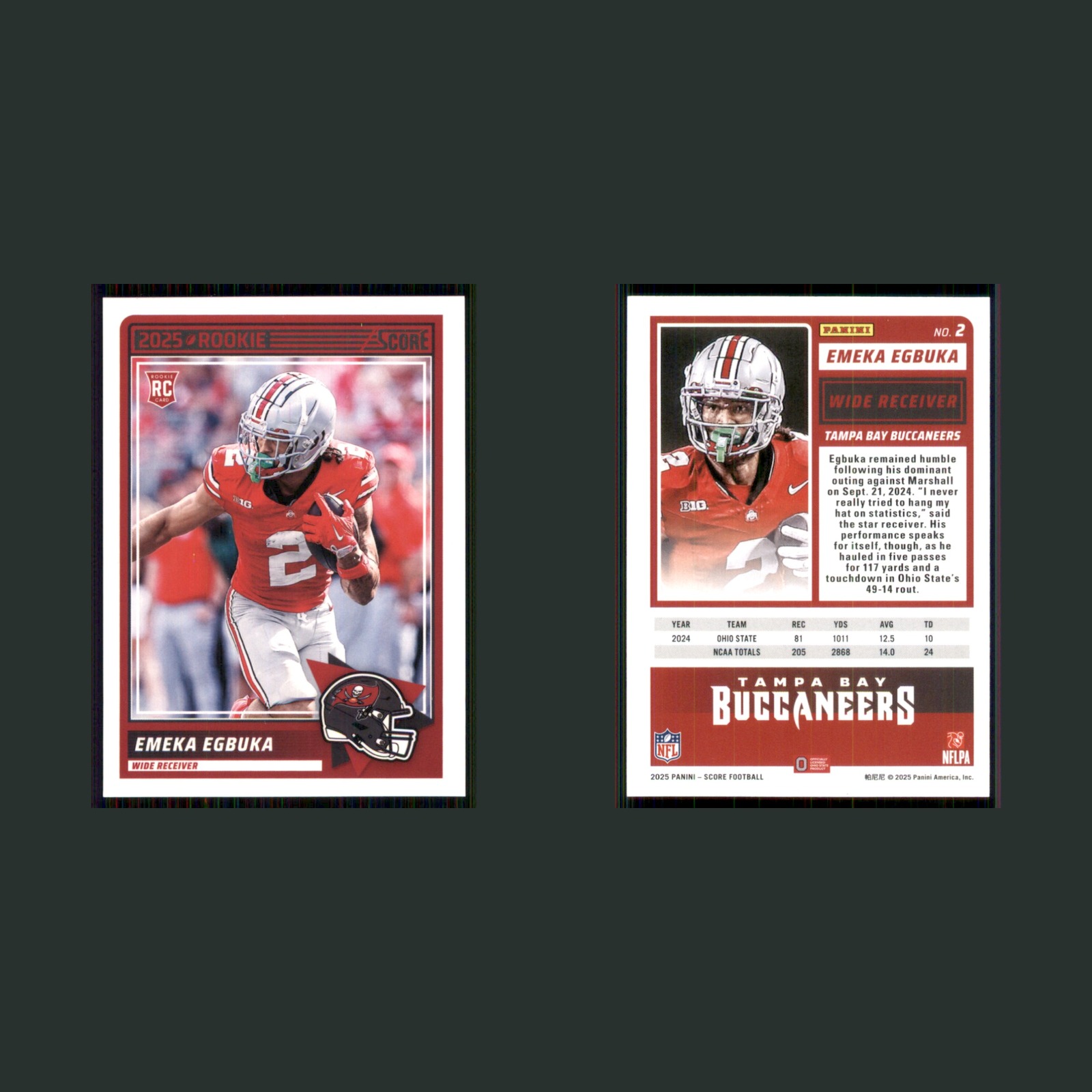 Emeka Egbuka Rookie #2 2025 Panini Score San Francisco Buccaneers Football Card front and back scans. Card condition is Near Mint.