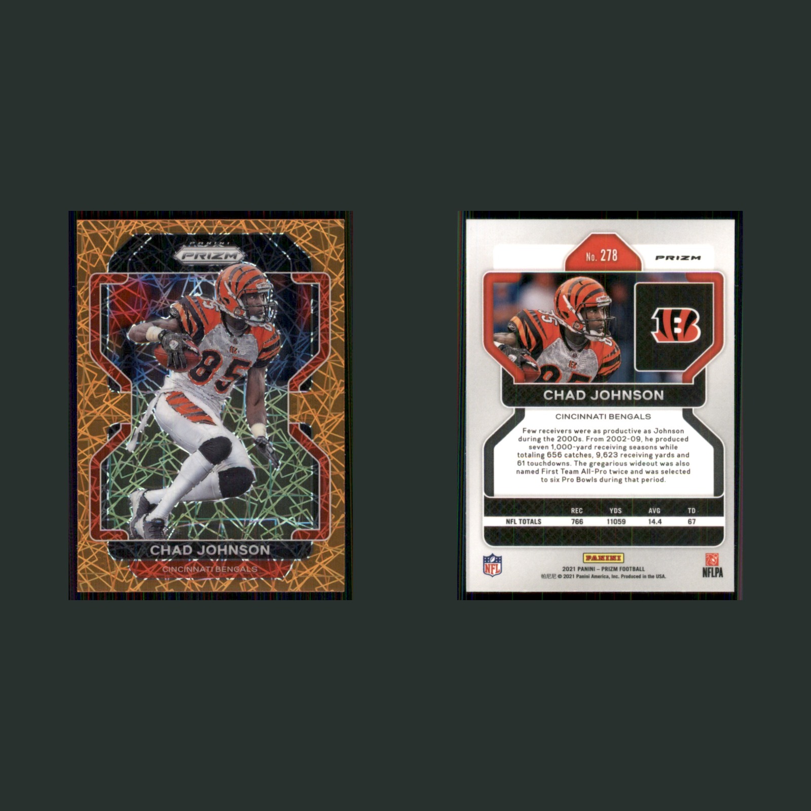 Chad Johnson #278 2021 Panini Prizm Orange Lazer Cincinnati Bengals Football NFL front and back scans. Card condition is Near Mint.