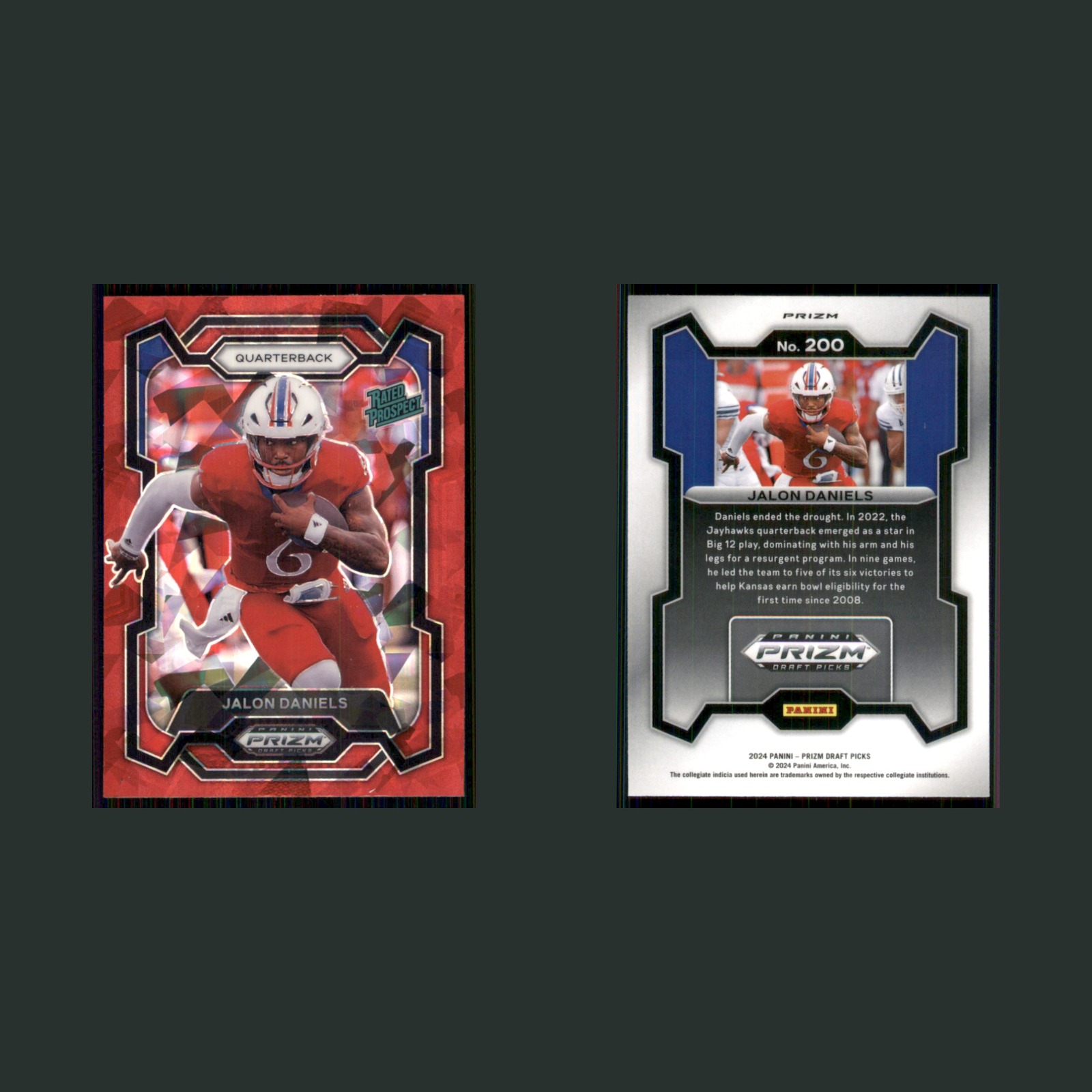 Jalon Daniels Rookie #200 2024 Panini Prizm Draft Picks Red Ice Kansas Jayhawks front and back scans. Card condition is Near Mint.