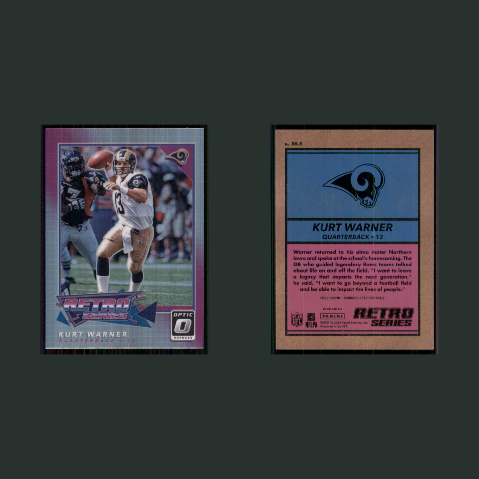 Kurt Warner #RS-5 2022 Donruss Optic Retro Series St. Louis Rams Football Card front and back scans. Card condition is Near Mint.