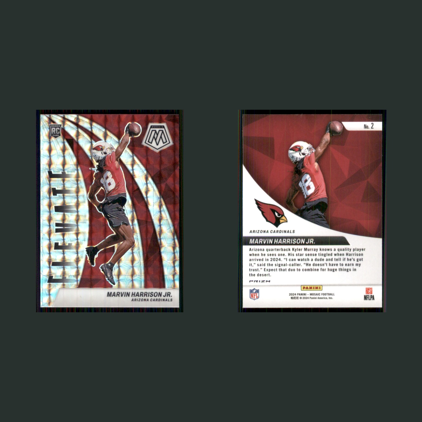 Marvin Harrison Jr. Rookie #2 2024 Panini Mosaic Football Elevate Silver Prizm front and back scans. Card condition is Near Mint.