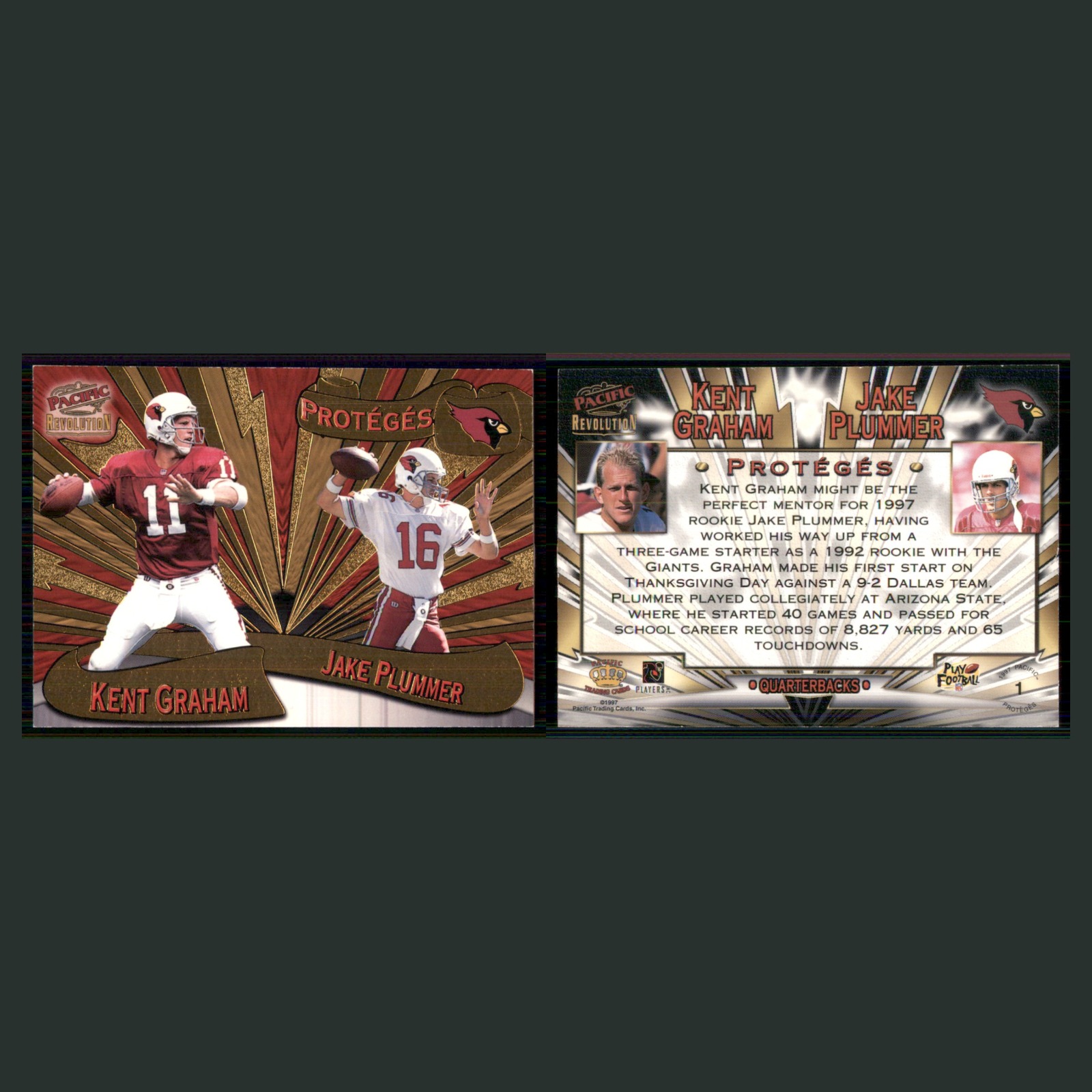 Jake Plummer/Kent Graham #1 1998 Pacific Revolution Proteges Arizona Cardinals front and back scans. Card condition is Near Mint.