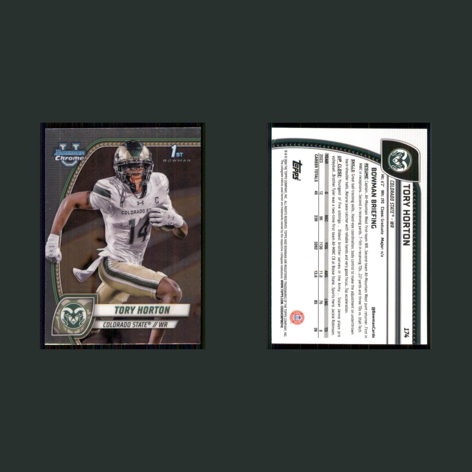 Tory Horton Rookie #174 2023 Bowman Chrome University Colorado State Football front and back scans. Card condition is Near Mint.