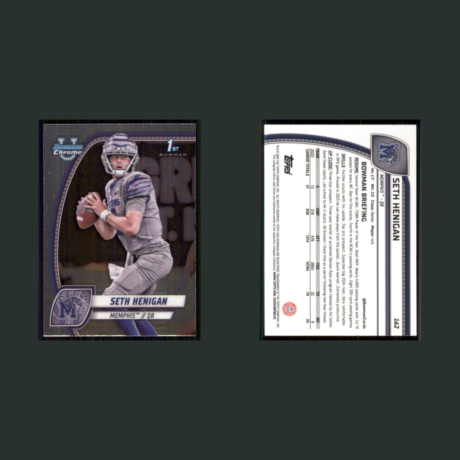 Seth Henigan Rookie #162 2022 Bowman Chrome University Memphis Football Card NFL front and back scans. Card condition is Near Mint.