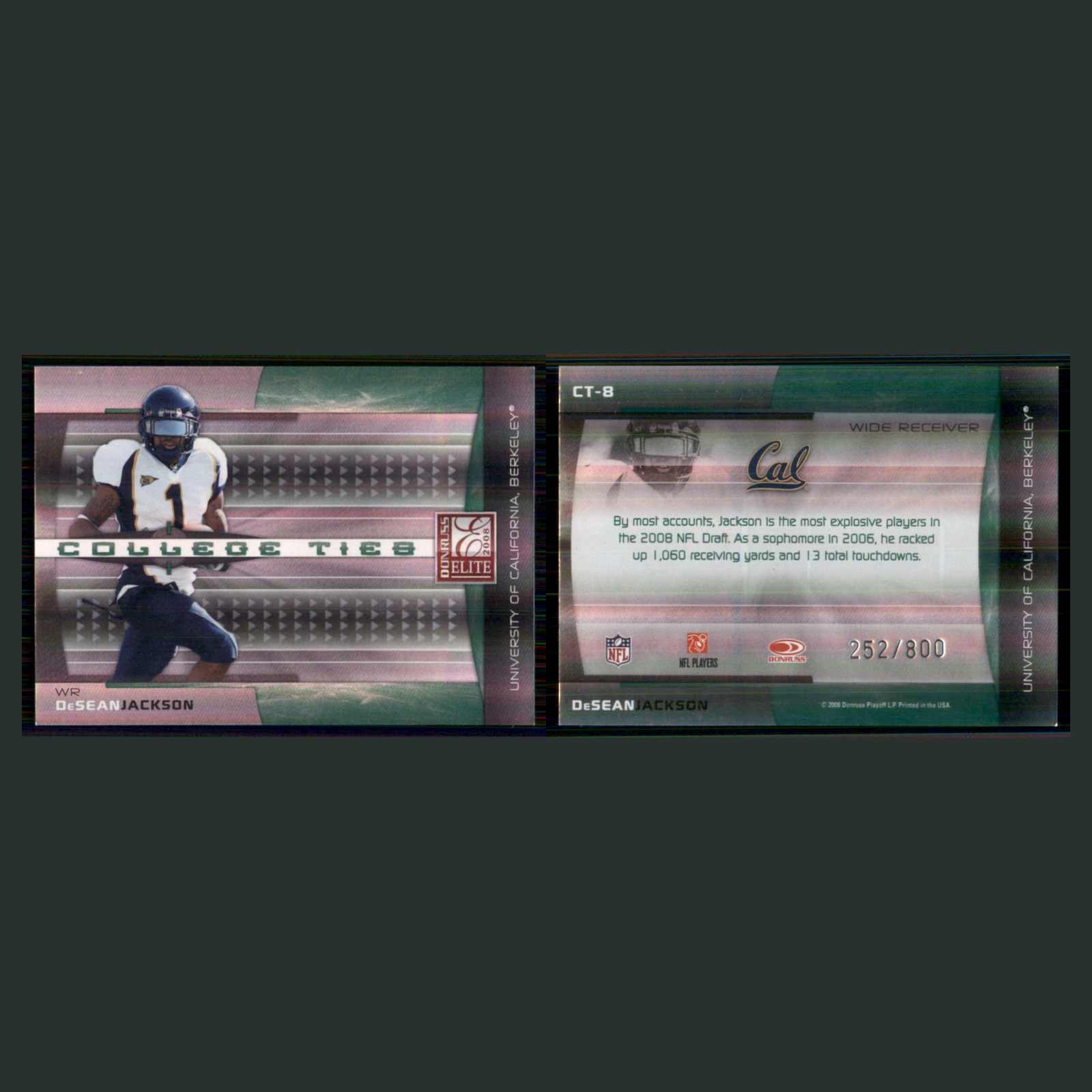 DeSean Jackson Rookie /800 #CT-8 2008 Donruss Elite College Ties Football Card front and back scans. Card condition is Near Mint.