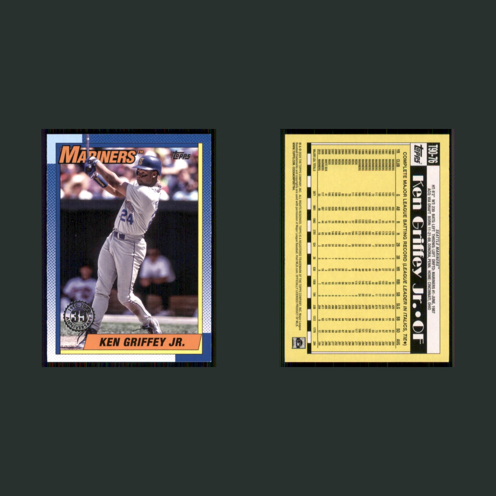 Ken Griffey Jr. #T90-76 2025 Topps 50th Anniversary Seattle Mariners Baseball front and back scans. Card condition is Near Mint.