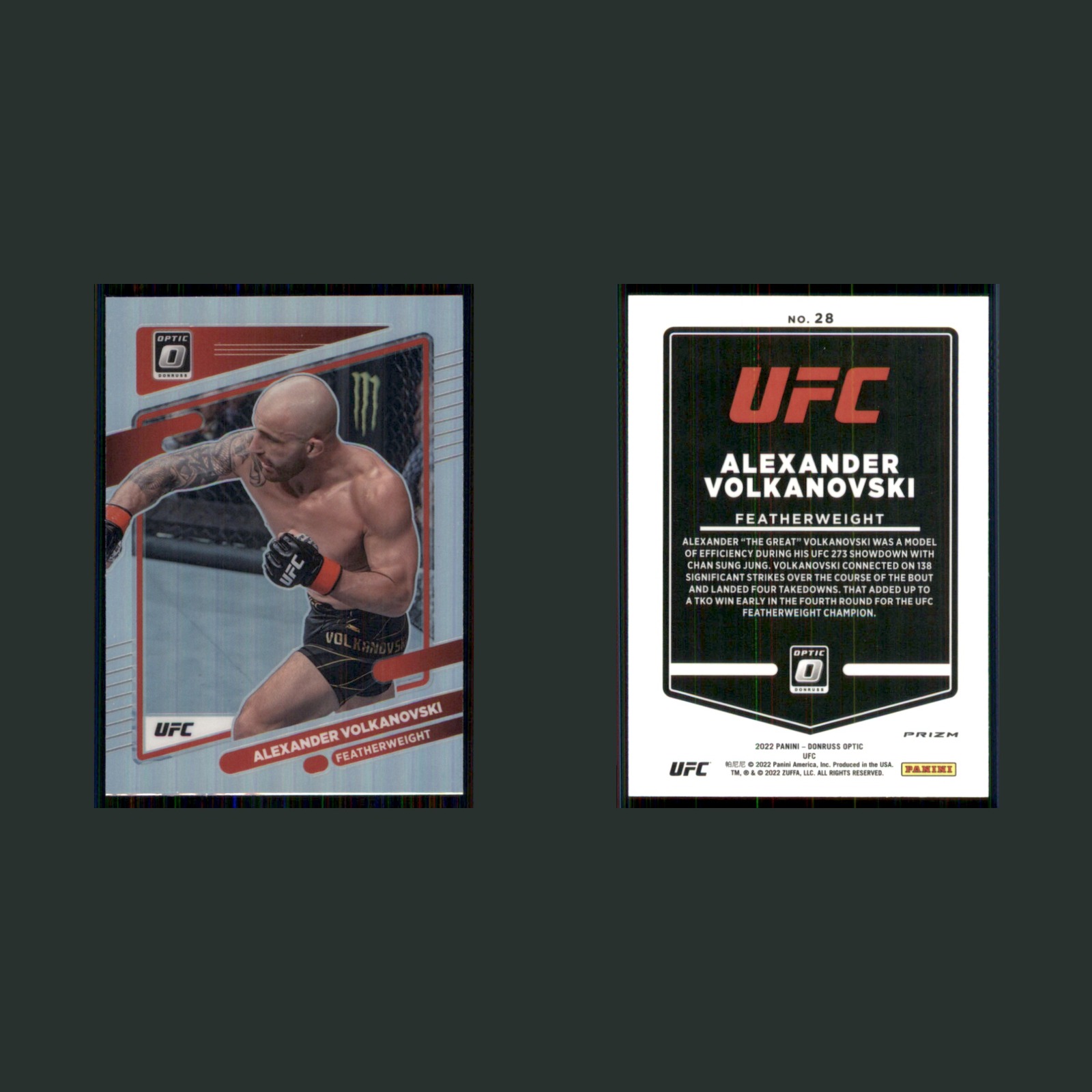 Alexander Volkanovski #28 2022 Panini Donruss Optic Silver Holo Prizm MMA Card front and back scans. Card condition is Near Mint.