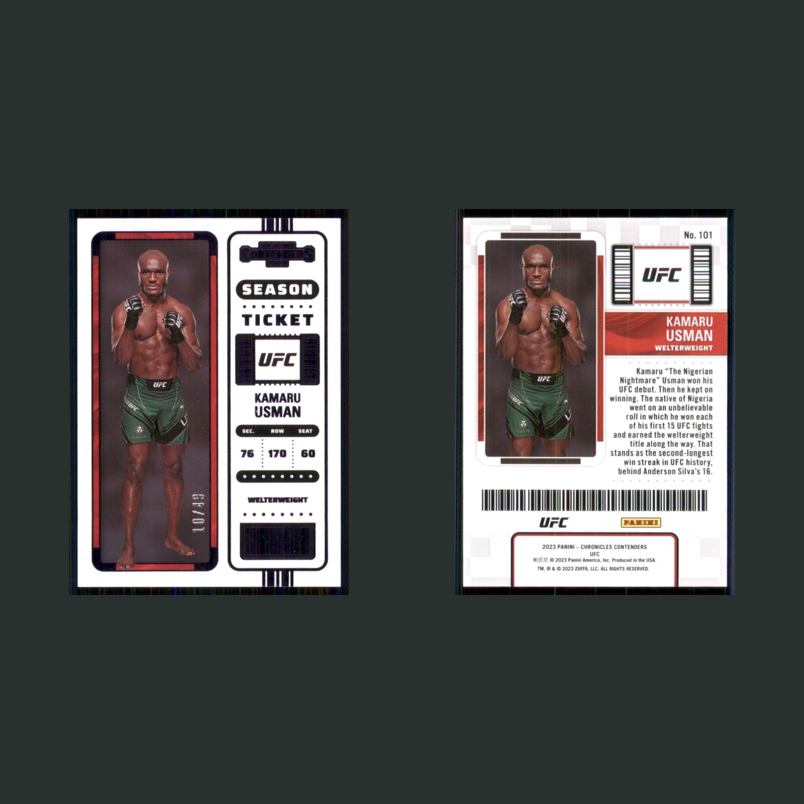 Kamaru Usman /49 #101 2023 Panini Chronicles Contenders Purple MMA Card front and back scans. Card condition is Near Mint.