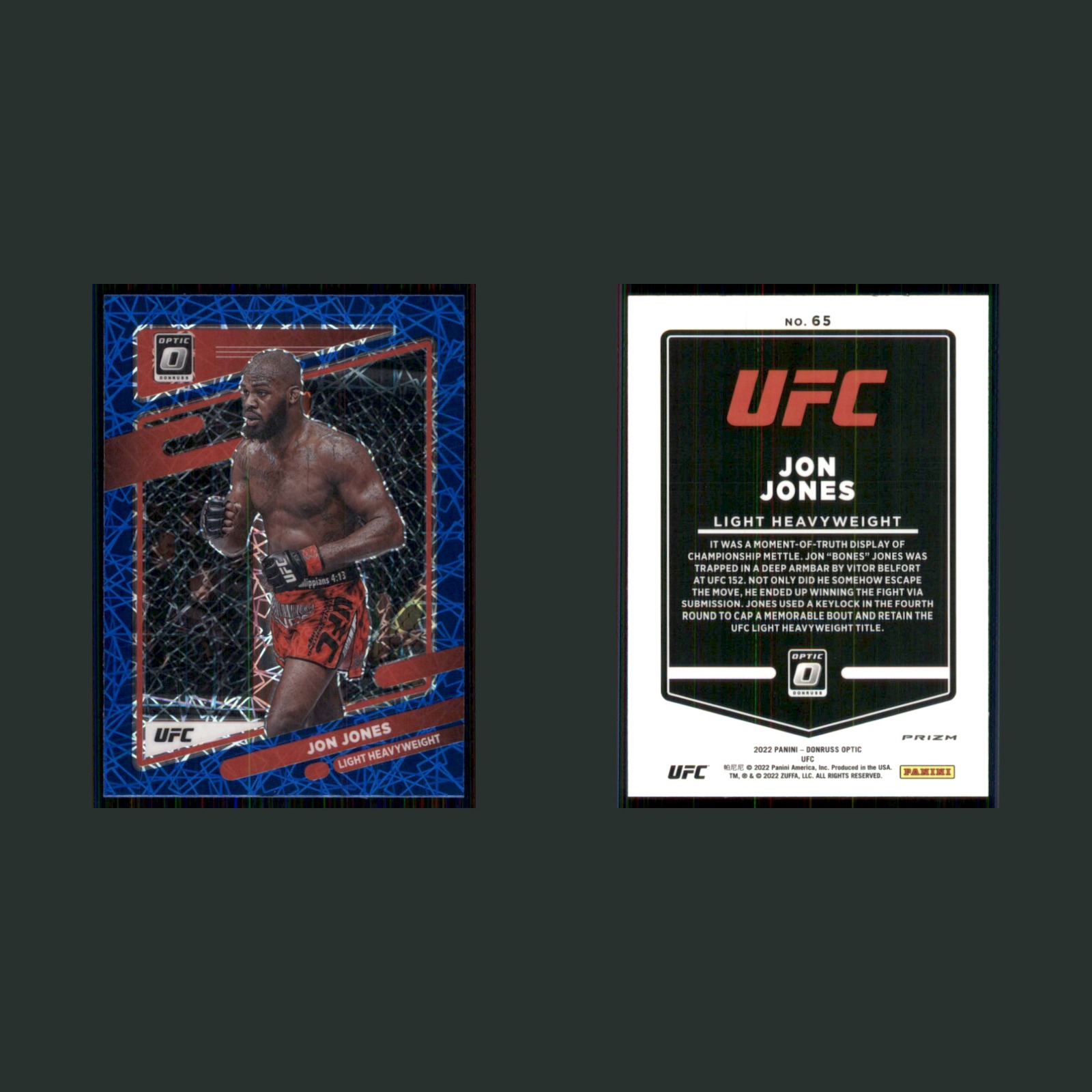 Jon Jones #65 2022 Panini Donruss Optic UFC Blue Velocity MMA Card front and back scans. Card condition is Near Mint.