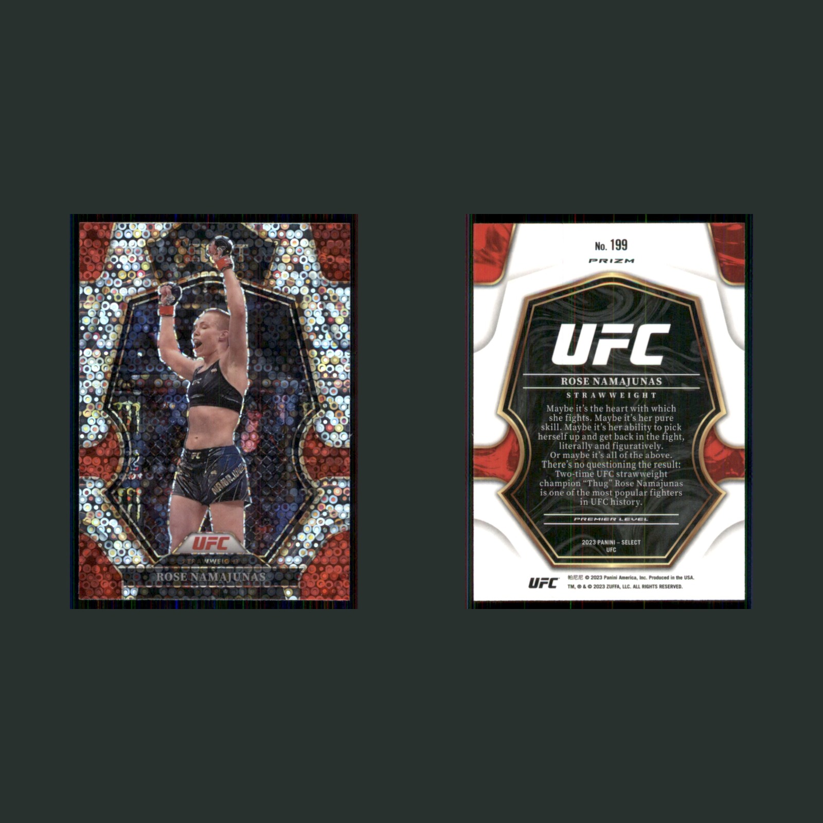 Rose Namajunas #199 2023 Panini Select UFC Disco Prizm Premier Level MMA Card front and back scans. Card condition is Near Mint.