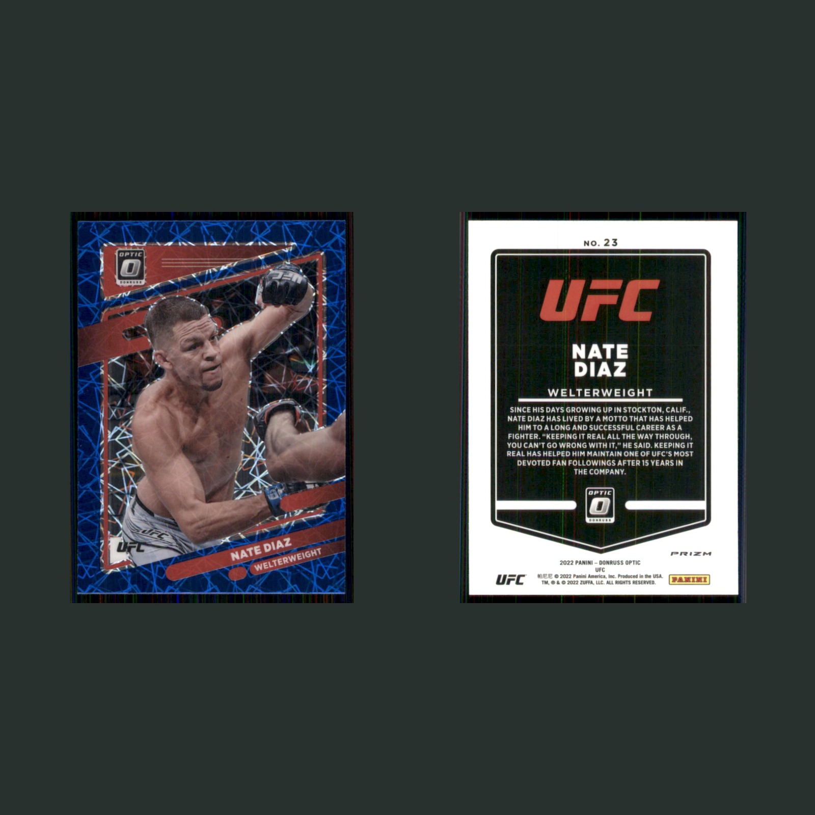 Nate Diaz #23 2022 Panini Donruss Optic UFC Blue Velocity Prizm MMA Card front and back scans. Card condition is Near Mint.