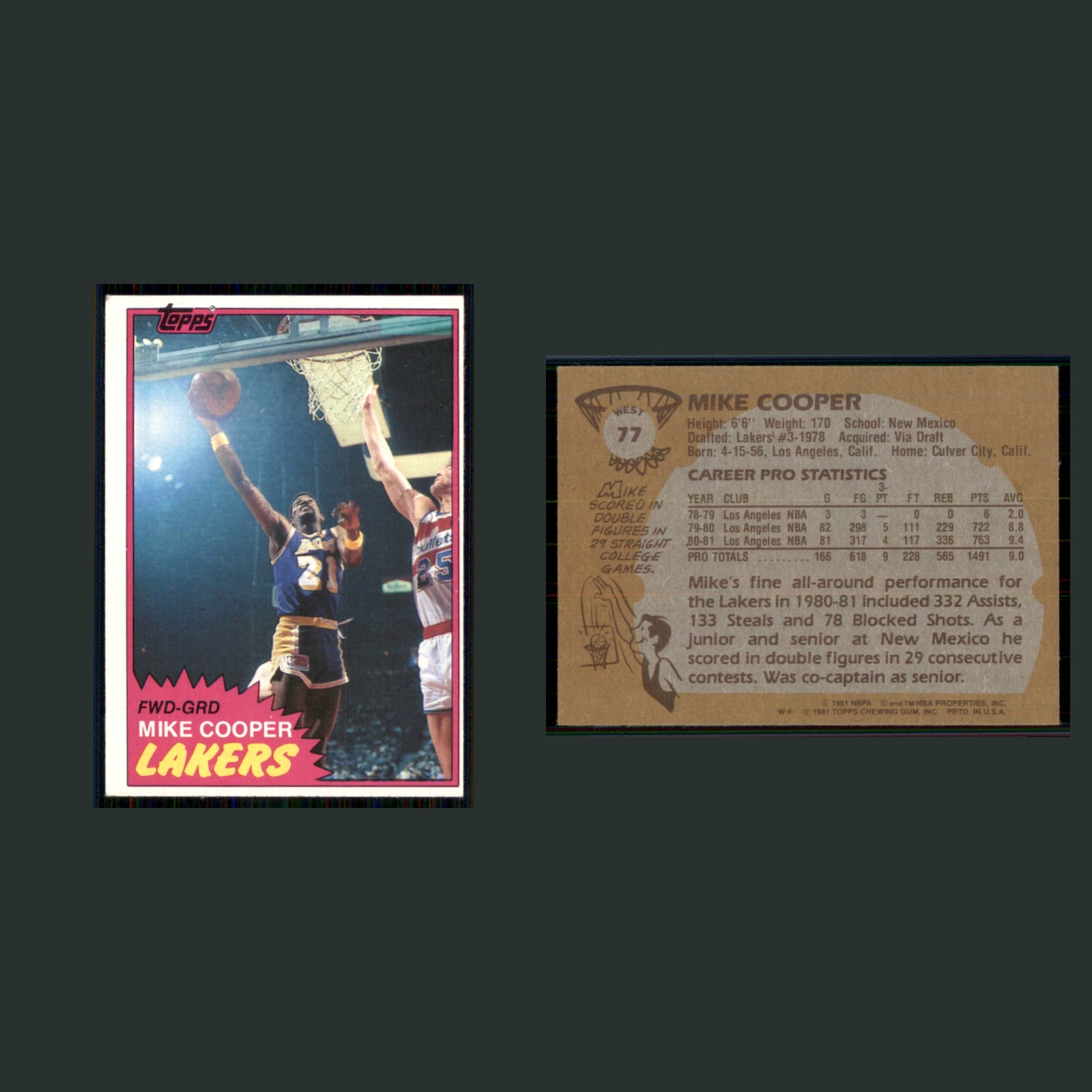 Mike Cooper #77 1981-82 Topps Los Angeles Lakers Basketball Card NBA front and back scans. Card condition is Near Mint.