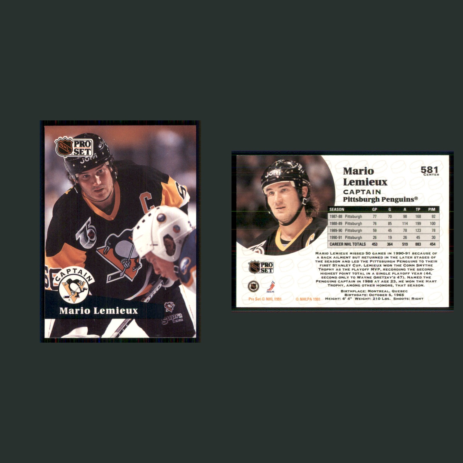 Mario Lemieux #581 1991-92 Pro Set Pittsburgh Penguins Hockey Card NHL front and back scans. Card condition is Near Mint.