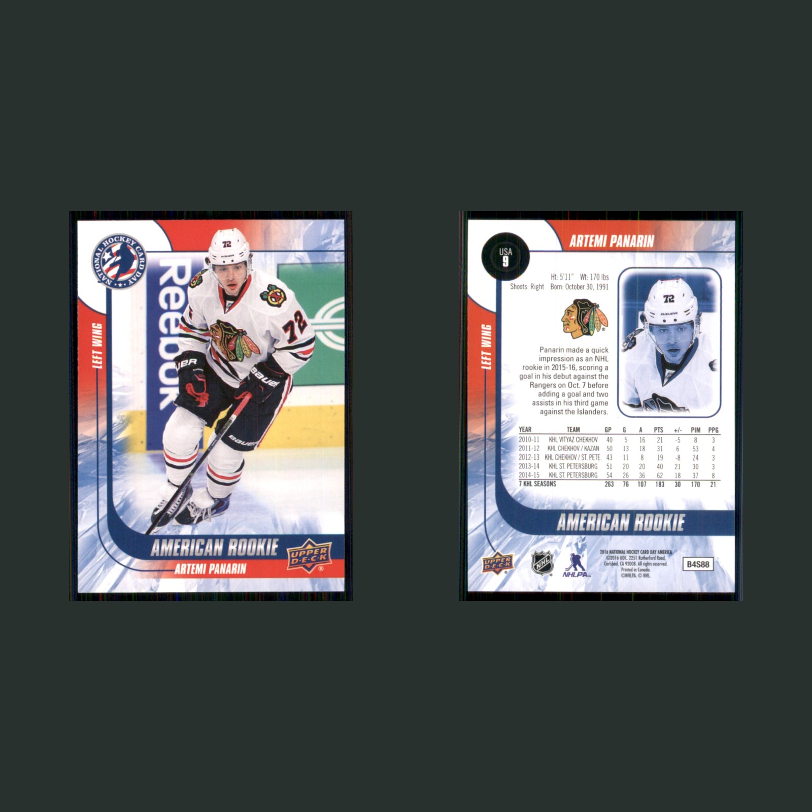 Artemi Panarin Rookie #9 2016-17 Upper Deck NHCD Chicago Blackhawks Hockey Card front and back scans. Card condition is Near Mint.