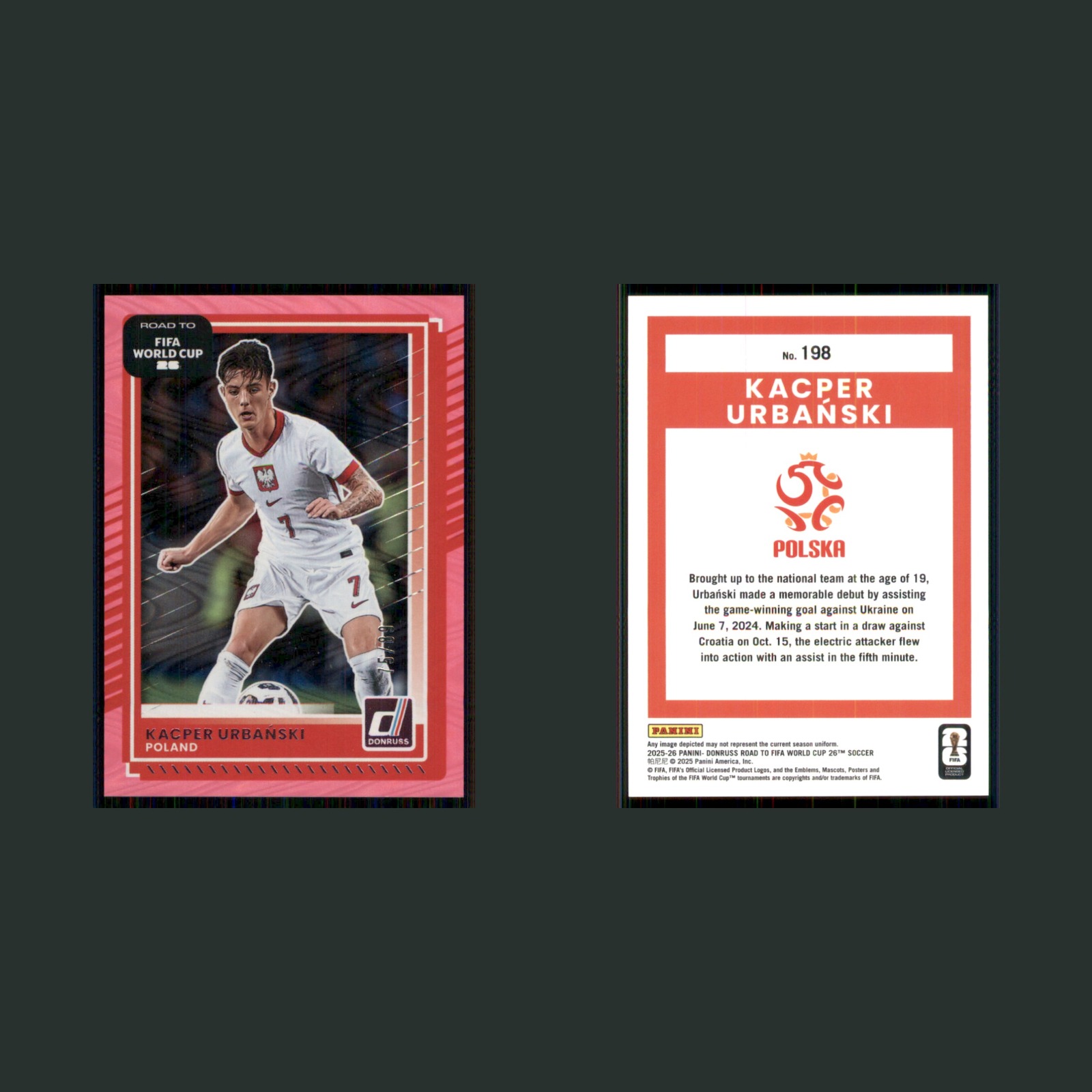Kacper Urbanski #198 2025 Donruss Road to FIFA World Cup Pink Poland Soccer Card front and back scans. Card condition is Near Mint.