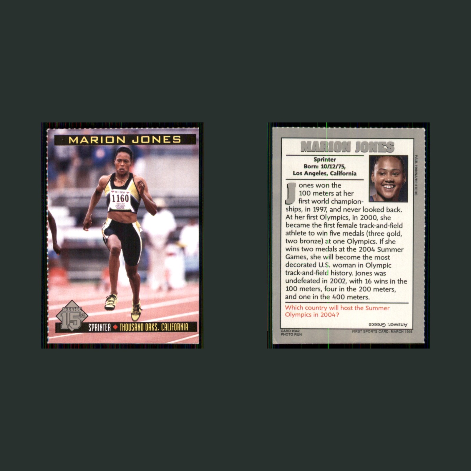 Marion Jones #343 1998 SI for Kids 15th Anniversary Track and Field Card front and back scans. Card condition is Very Good.