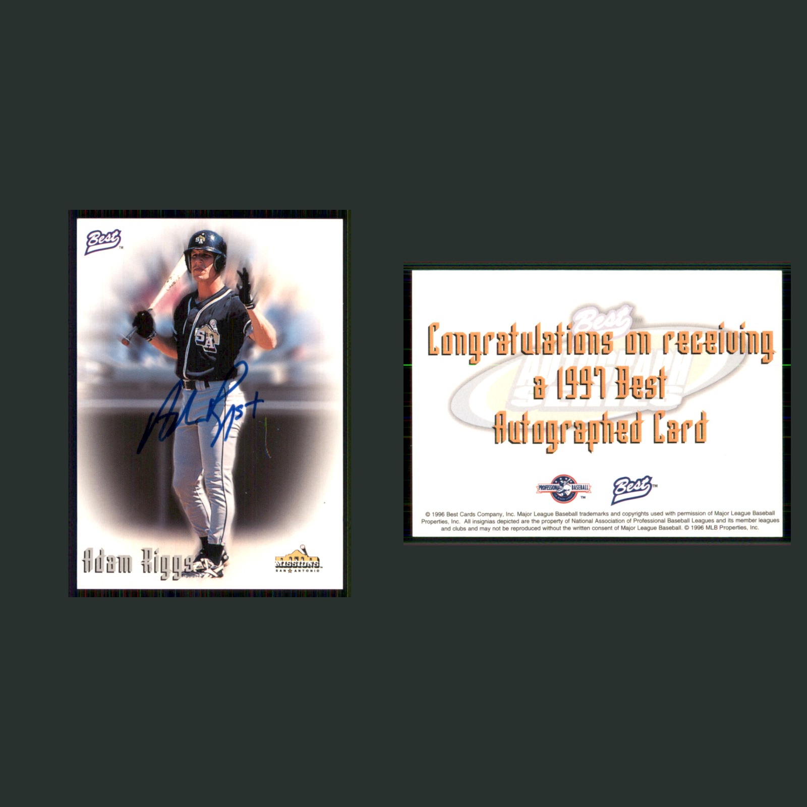 Adam Riggs Auto #NNO Autograph 1996 Best San Antonio Missions Baseball Card MLB front and back scans. Card condition is Near Mint.