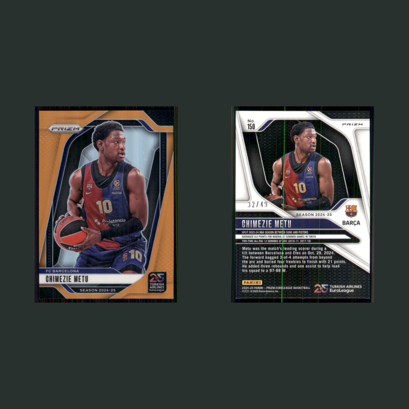 Chimezie Metu /49 #150 2024-25 Panini Prizm Euroleague Orange FC Barcelona Card front and back scans. Card condition is Near Mint.