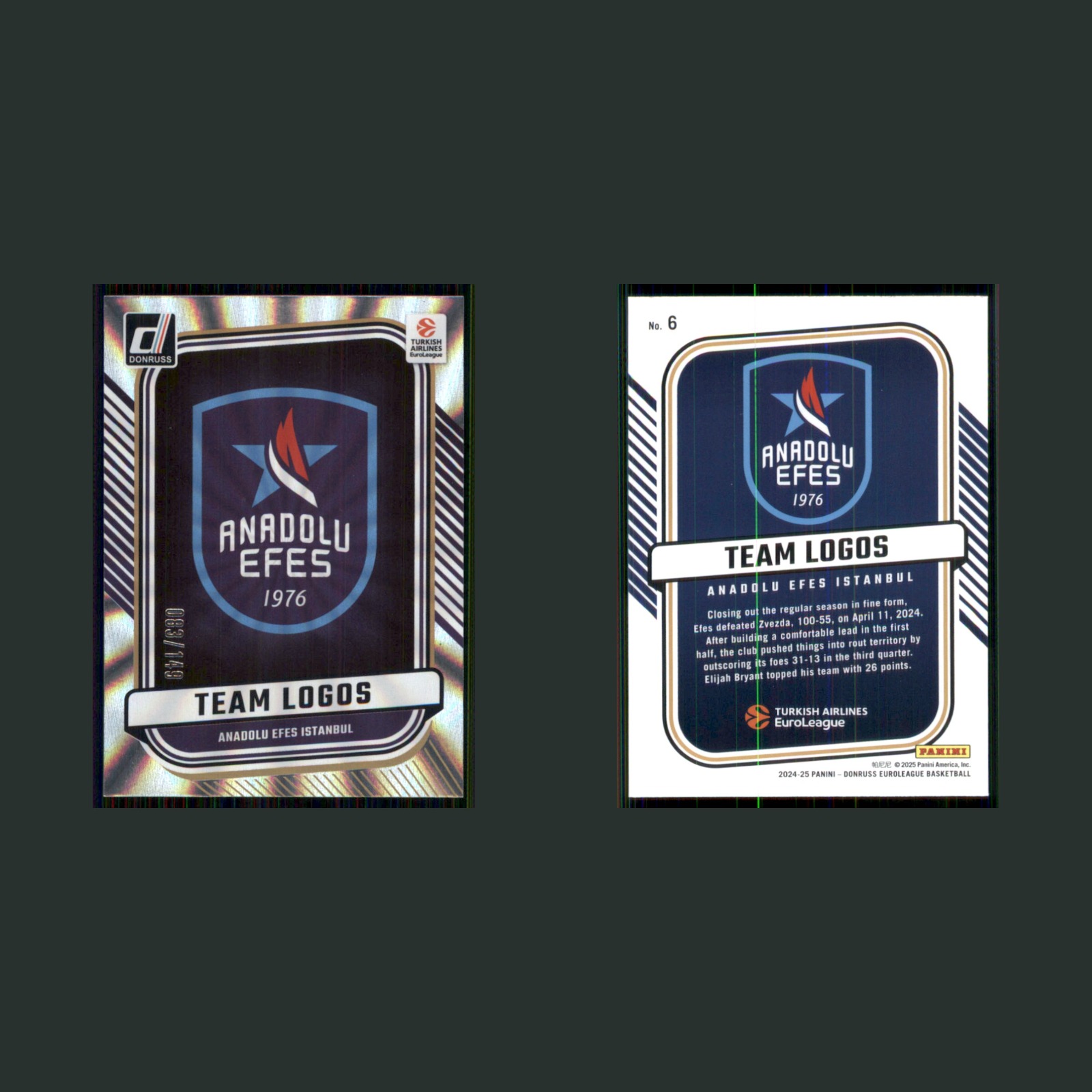 Anadolu Efes /149 #6 2025-26 Panini Donruss Euroleague Laser Basketball Card NBA front and back scans. Card condition is Near Mint.