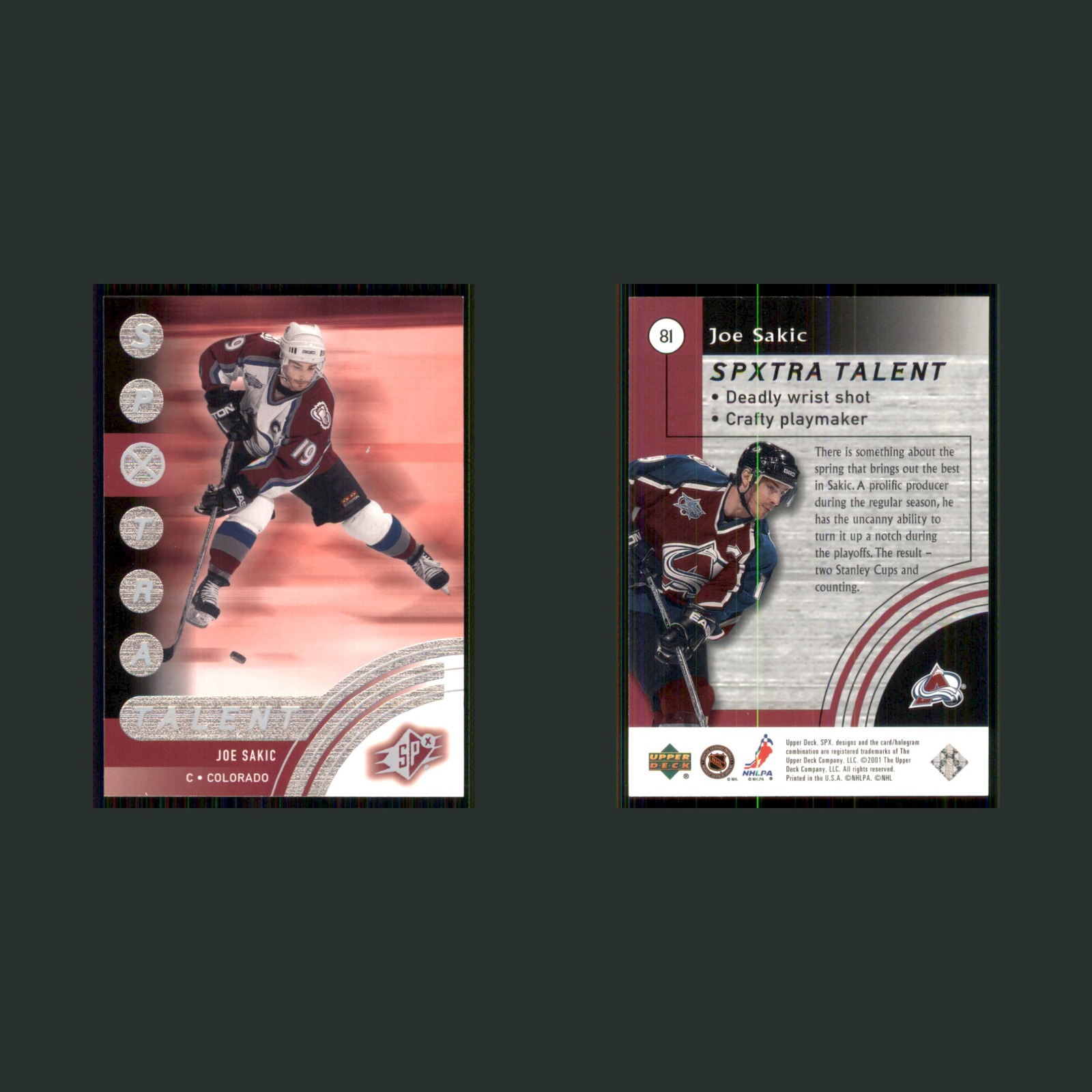 Joe Sakic #81 2001-02 Upper Deck SPx SPXTRA Talent Colorado Avalanche Hockey NHL front and back scans. Card condition is Near Mint.