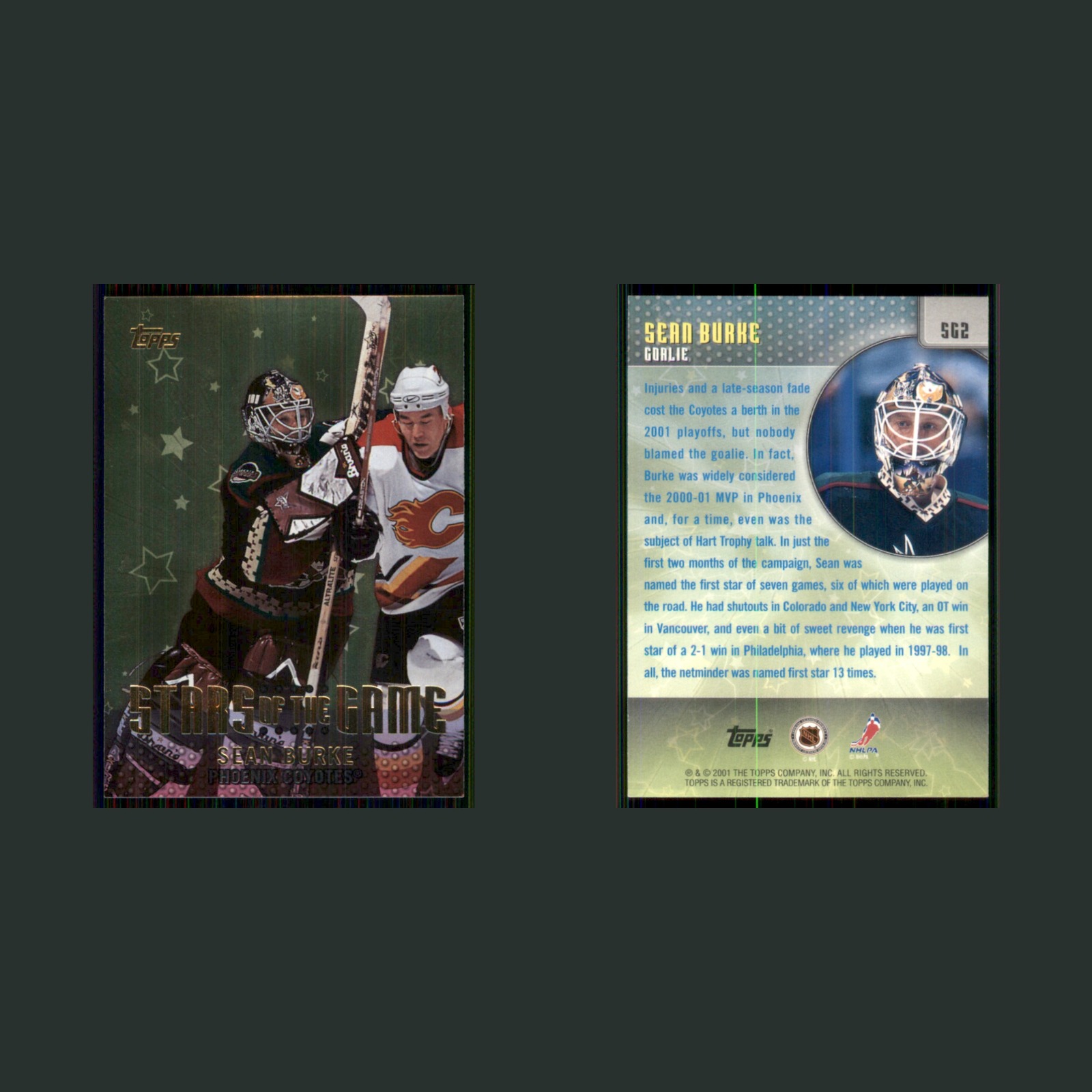 Sean Burke #SG2 2001-02 Topps Stars of the Game Phoenix Coyotes Hockey Card NHL front and back scans. Card condition is Near Mint.