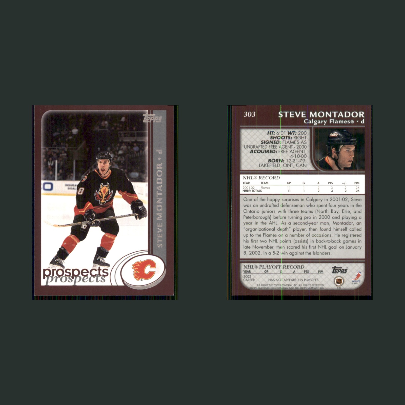 Steve Montador #303 2002-03 Topps Prospects Calgary Flames Hockey Card NHL front and back scans. Card condition is Near Mint.