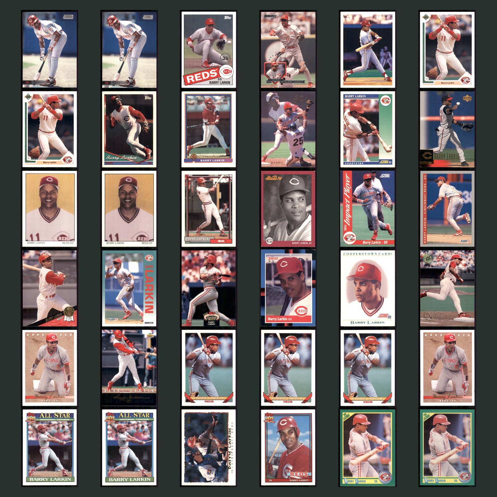 Barry Larkin Lot 36 Baseball Cards 2021 Topps Stadium Club Cincinnati Reds Set card scans. Overall card condition is Excellent.