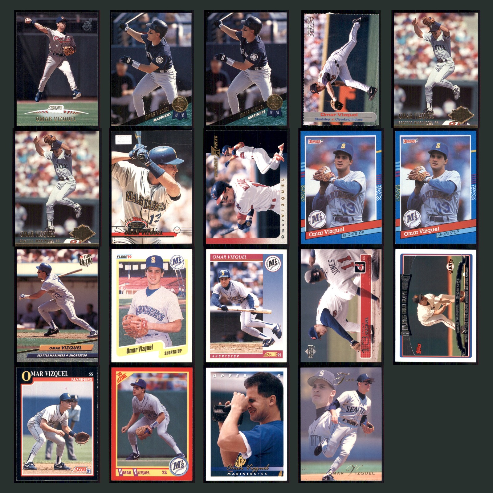 Omar Vizquel Lot 19 Baseball Cards 1998 Topps Stadium Club Cleveland Indians Set card scans. Overall card condition is Excellent.