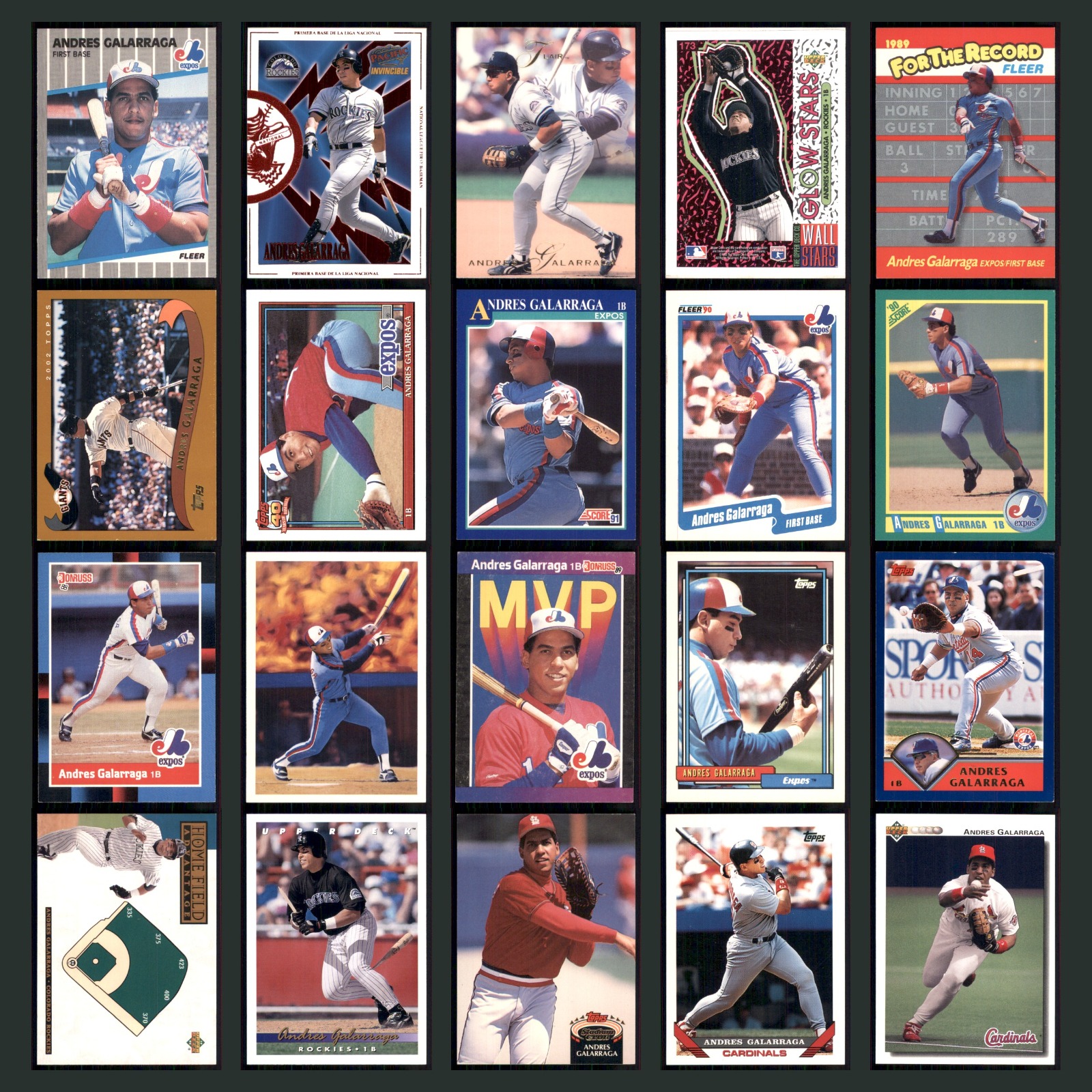 Andres Galarraga Lot 20 Baseball Cards 1990 Fleer Montreal Expos Set Collection card scans. Overall card condition is Excellent.