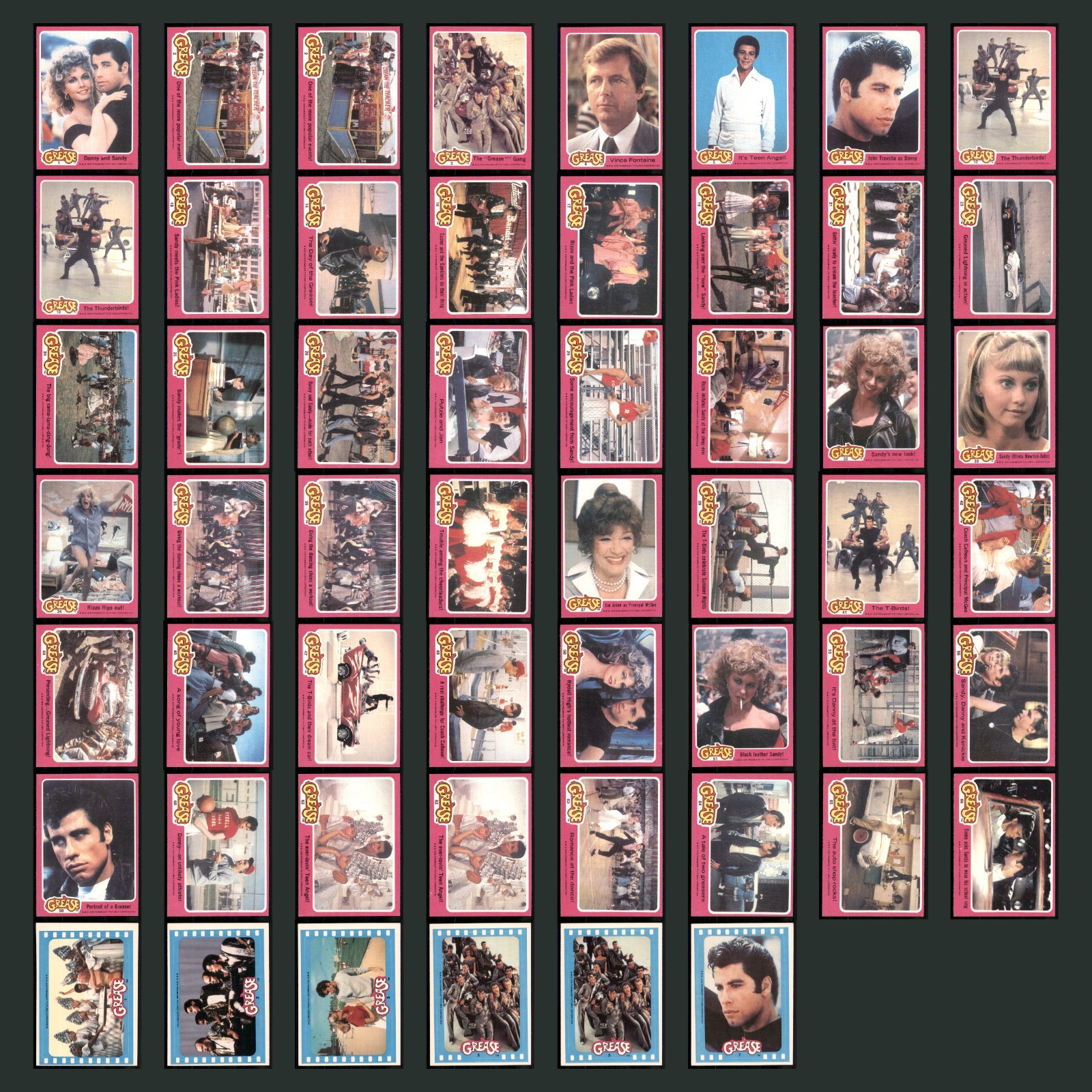 1978 Topps Grease Partial Set 54 Non-Sport Cards Danny and Sandy Collection card scans. Overall card condition is Excellent.
