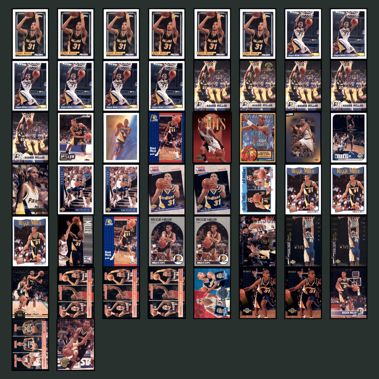Reggie Miller Lot 50 Basketball Cards 1993 Topps Indiana Pacers Set Collection card scans. Overall card condition is Excellent.