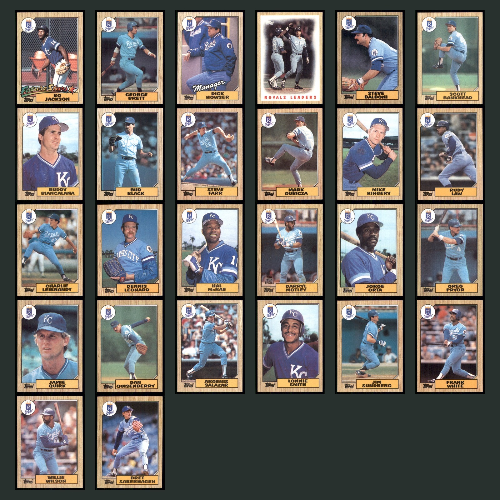 Kansas City Royals Lot 26 Baseball Cards Topps Future Stars Bo Jackson NM MLB card scans. Overall card condition is Near Mint.