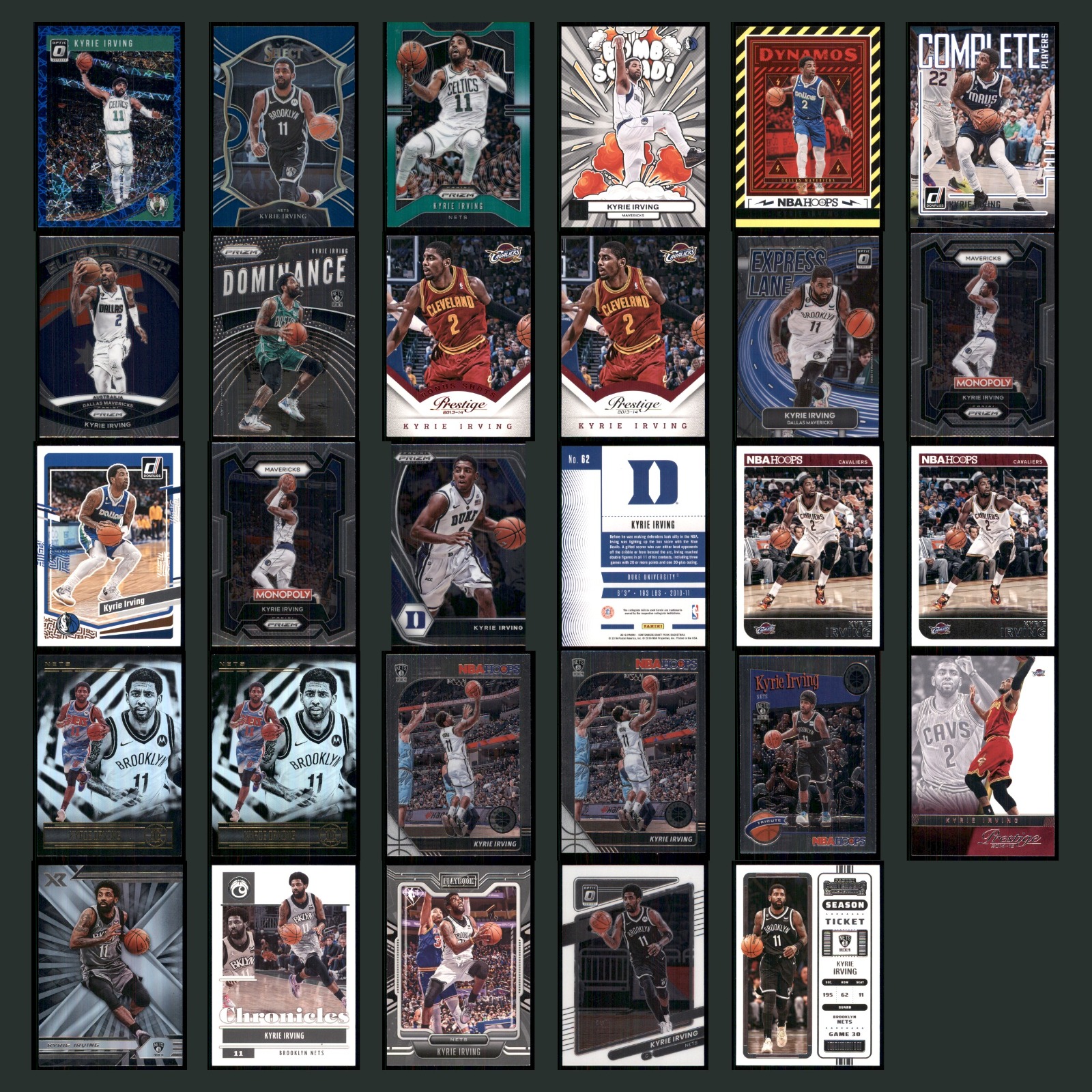 Kyrie Irving Lot 29 Basketball Cards 2018 Panini Optic Blue Lazer Prizm Celtics card scans. Overall card condition is Near Mint.