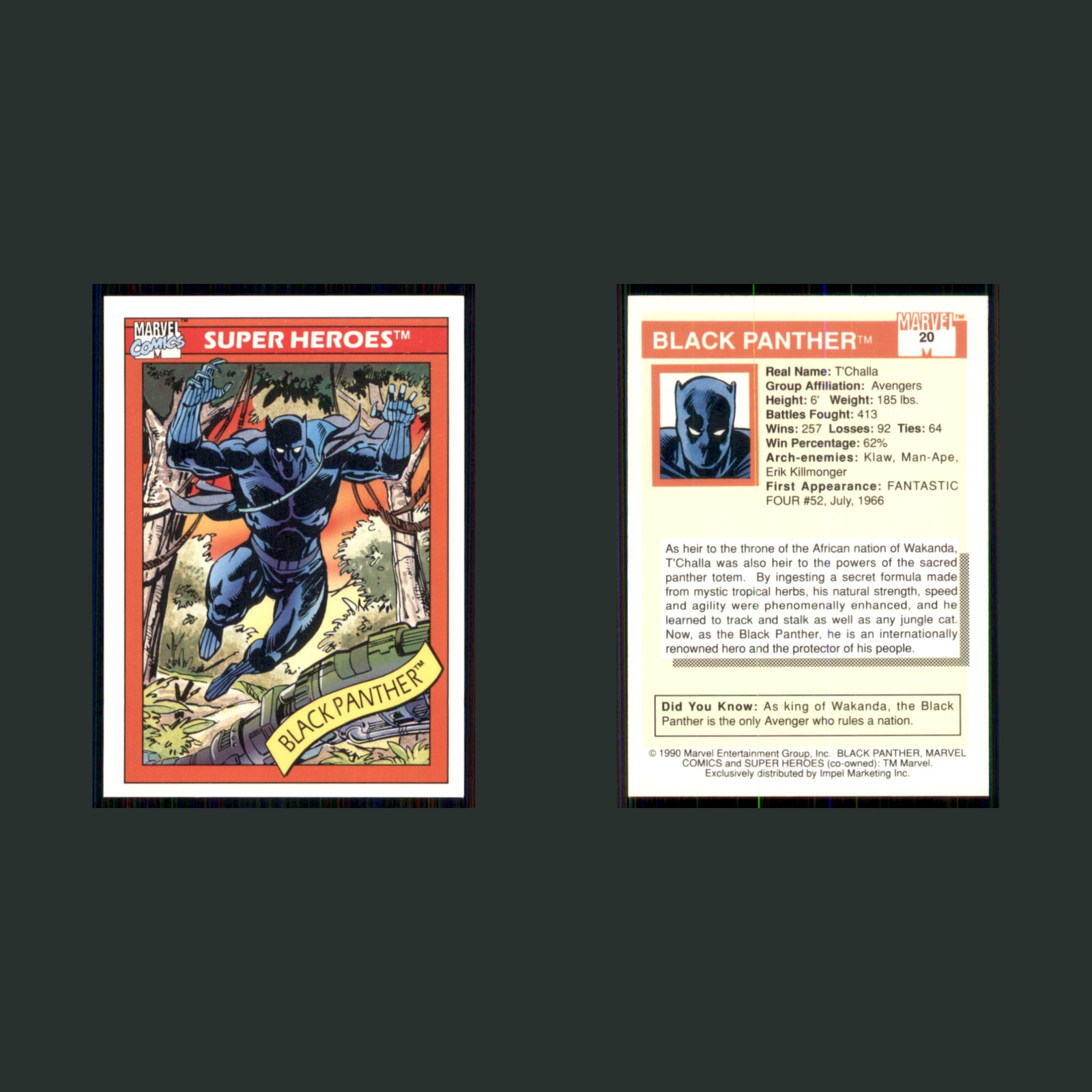 Black Panther #20 1990 Impel Marvel Comics Super Heroes Marvel Card front and back scans. Card condition is Near Mint.