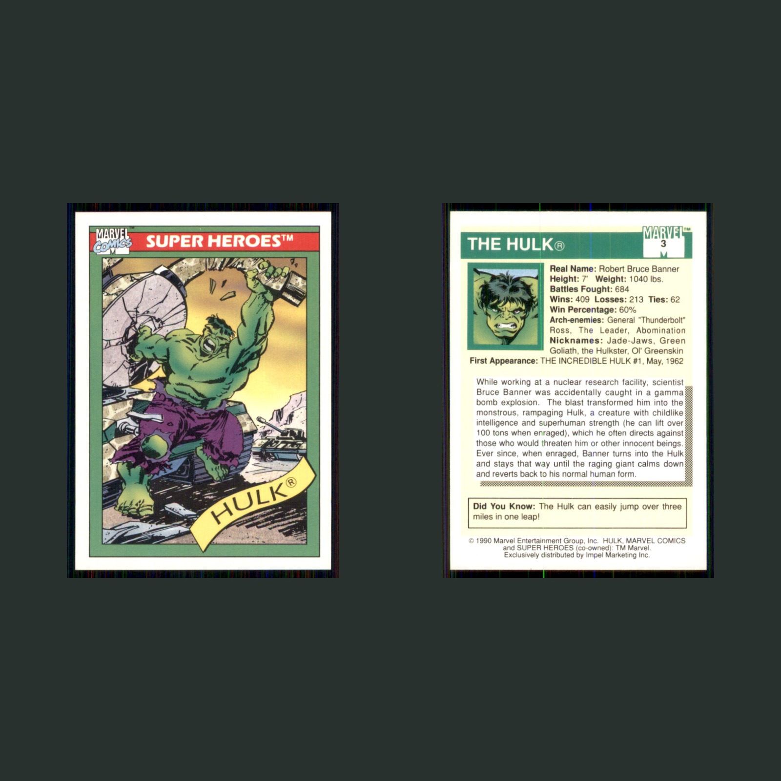 Hulk #3 1990 Impel Marvel Universe Marvel Card front and back scans. Card condition is Near Mint.