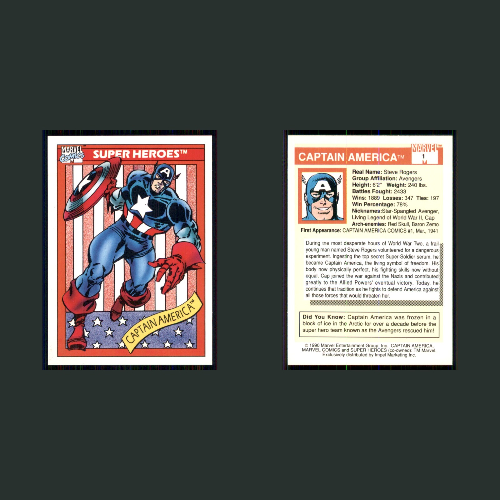 Captain America #1 1990 Impel Marvel Universe Marvel Card front and back scans. Card condition is Near Mint.