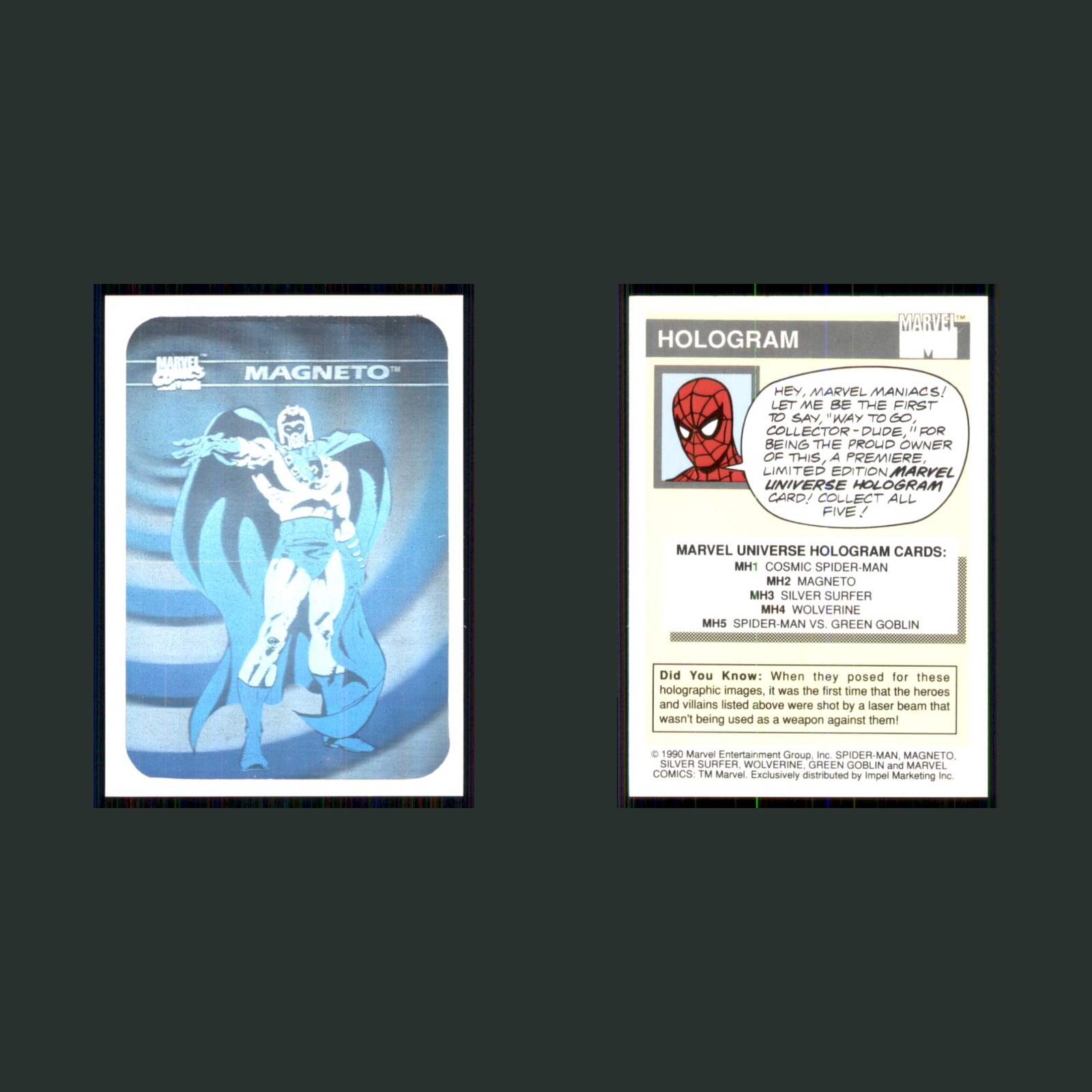 Magneto #MH2 1990 Impel Marvel Universe Hologram Marvel Card front and back scans. Card condition is Near Mint.