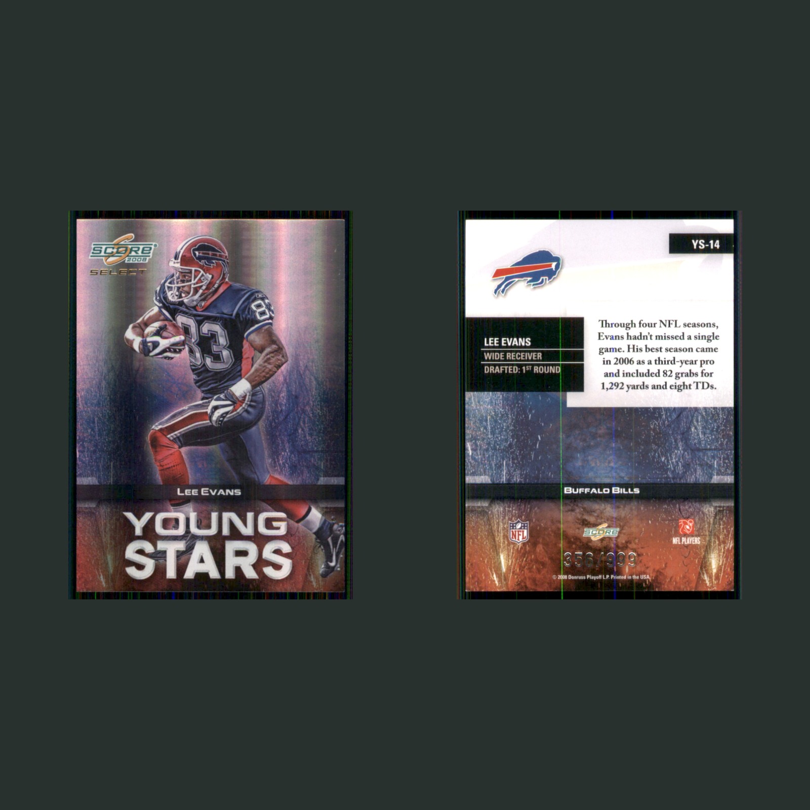 Lee Evans /999 #YS-14 2008 Score Select Young Stars Buffalo Bills Football Card front and back scans. Card condition is Near Mint.