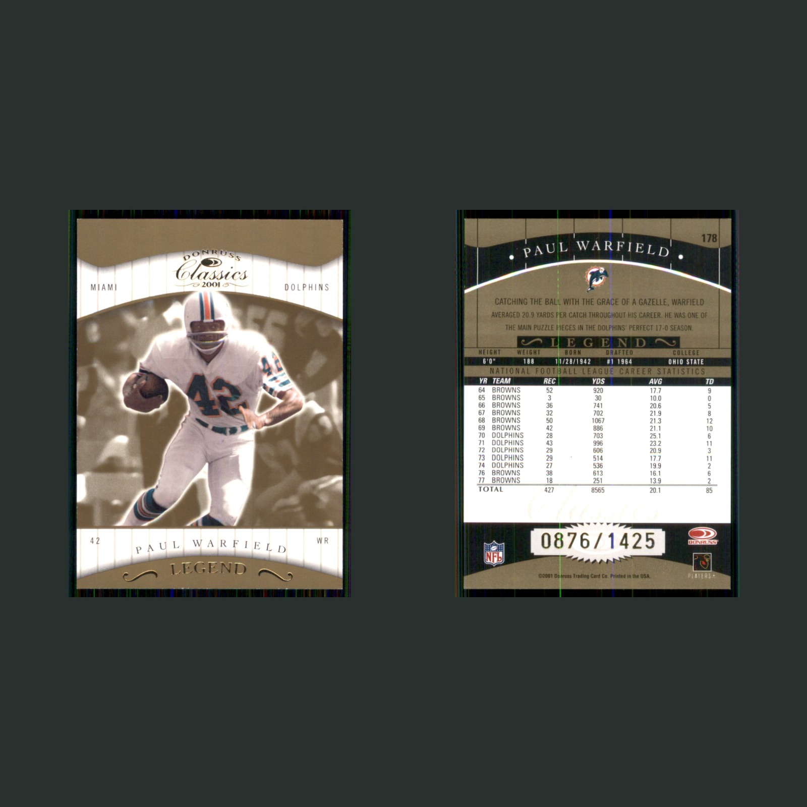 Paul Warfield /1425 #178 2001 Donruss Classics Legend Miami Dolphins Football front and back scans. Card condition is Excellent.