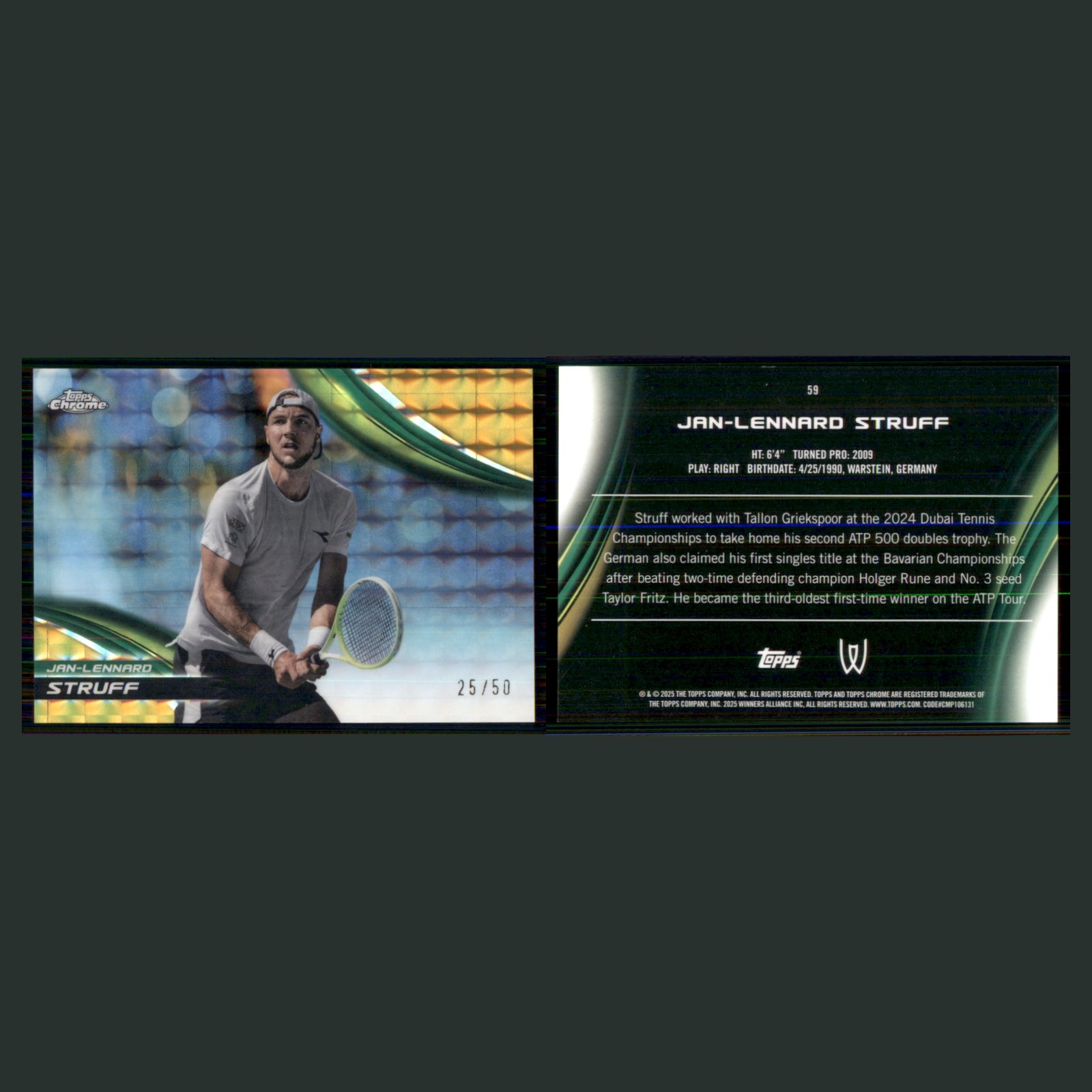 Jan-Lennard Struff /50 #59 2025 Topps Chrome Tennis Gold Geometric Refractor front and back scans. Card condition is Near Mint.