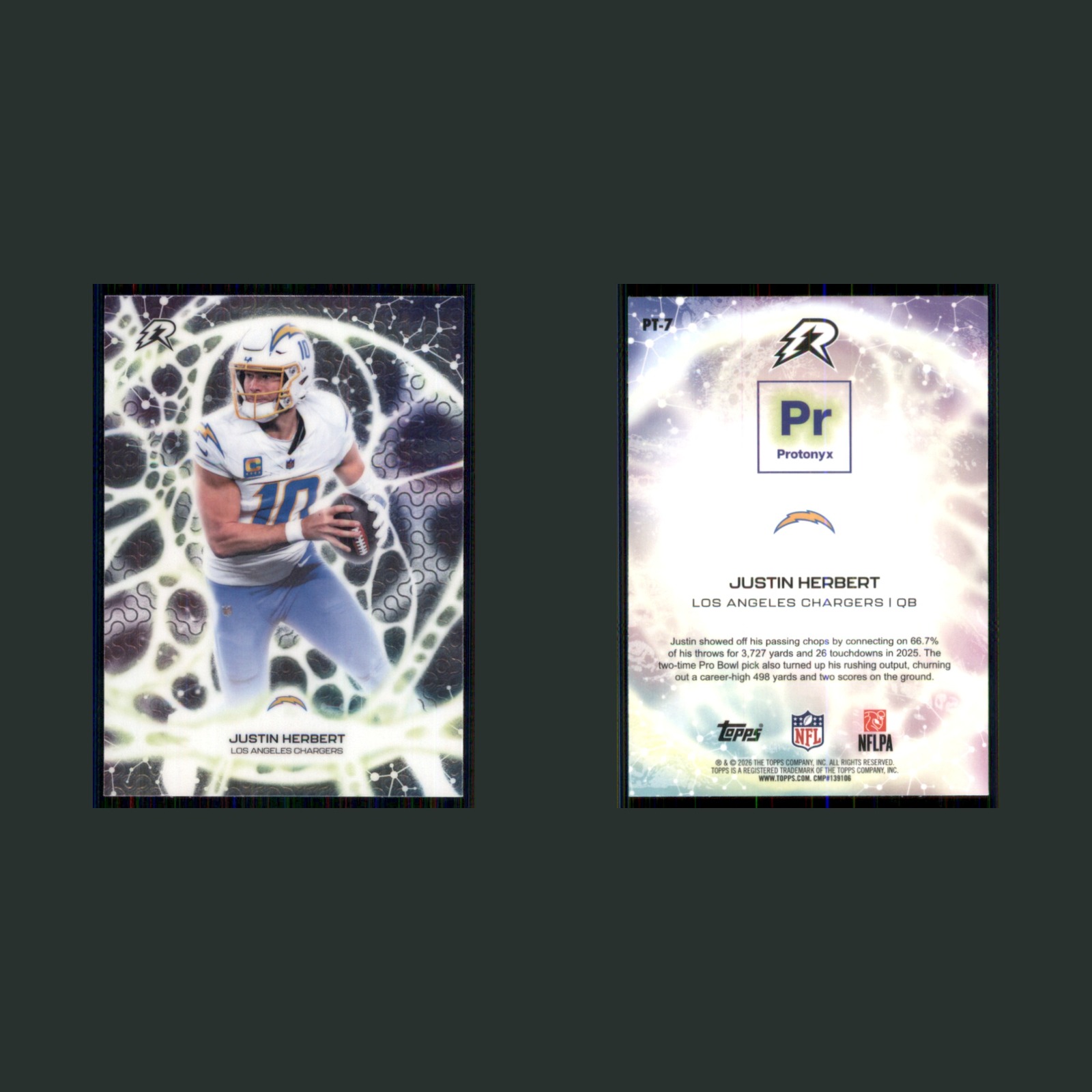 Justin Herbert #PT-7 2026 Topps Protonyx Los Angeles Chargers Football Card NFL front and back scans. Card condition is Near Mint.